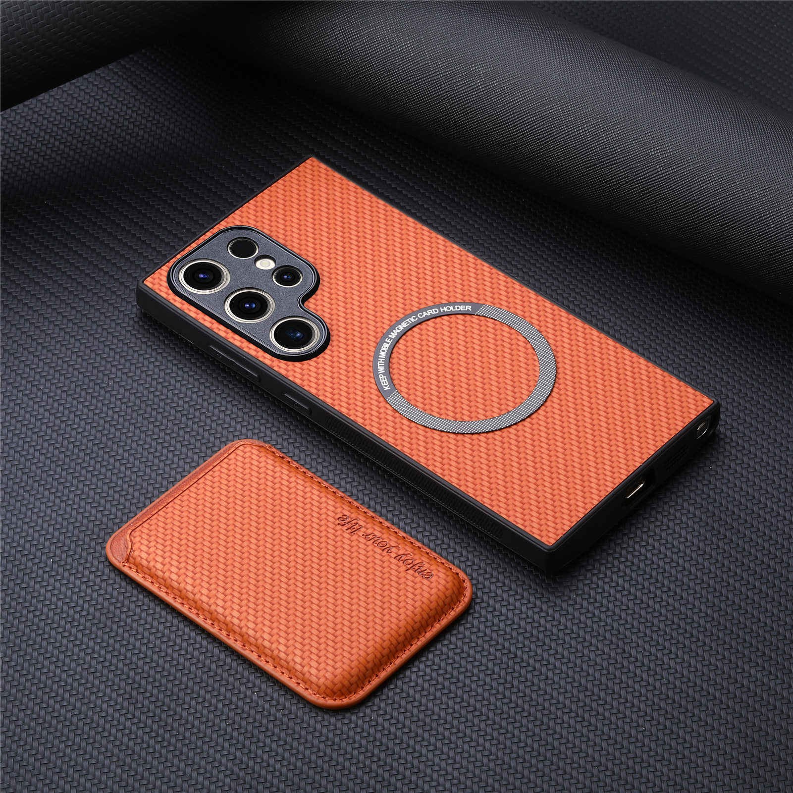 Compatible with Samsung S26 Ultra phone case A56 magnetic card holder S25P fiber texture NOTE20 shockproof protective case - Brown [without card holder] S26 ULTRA
