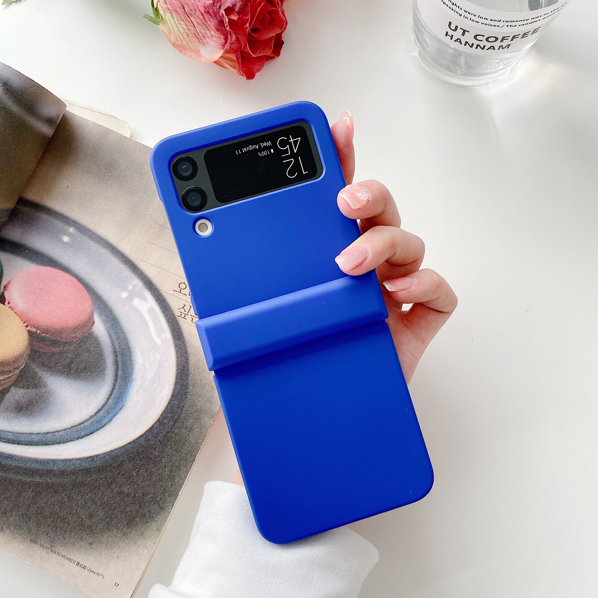 Compatible with Samsung Z Flip 3/4/5/6 phone cases, macaron solid color hinge three-piece set for foldable screen protection. - Blue Samsung ZFlip 3