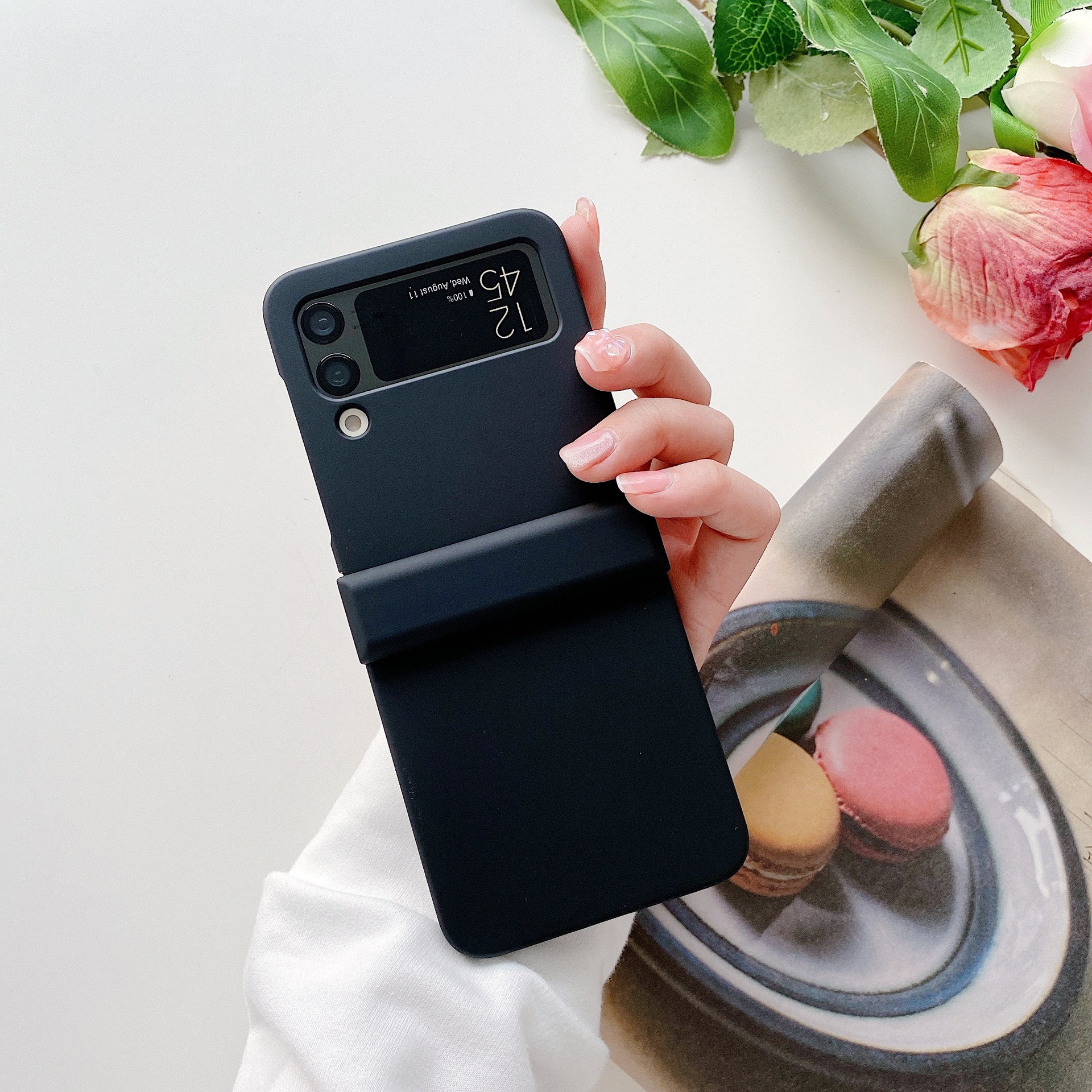 Compatible with Samsung Z Flip 3/4/5/6 phone cases, macaron solid color hinge three-piece set for foldable screen protection. - Black Samsung ZFlip 3