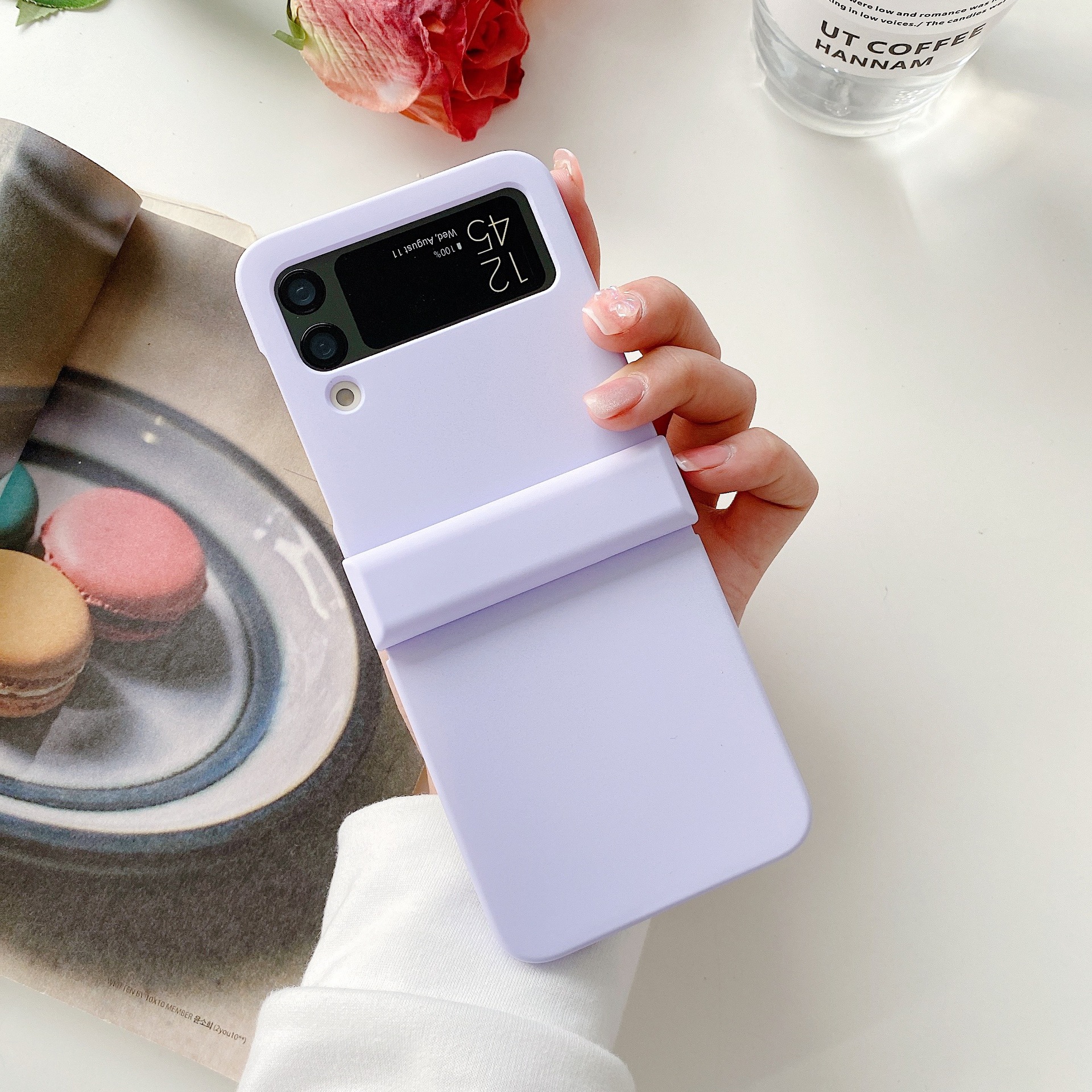 Compatible with Samsung Z Flip 3/4/5/6 phone cases, macaron solid color hinge three-piece set for foldable screen protection. - Lavender Purple Samsung ZFlip 3