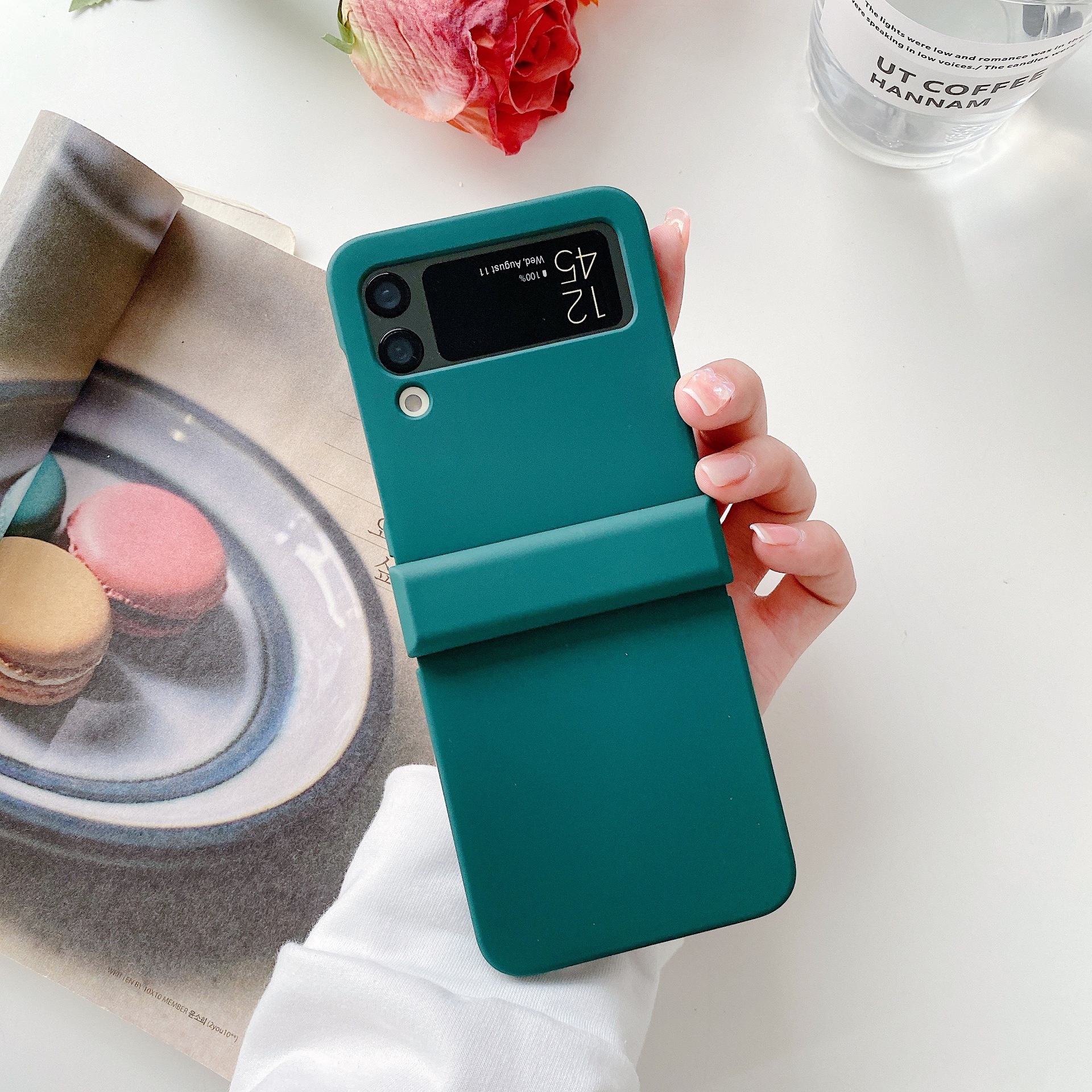 Compatible with Samsung Z Flip 3/4/5/6 phone cases, macaron solid color hinge three-piece set for foldable screen protection. - Green Samsung ZFlip 3