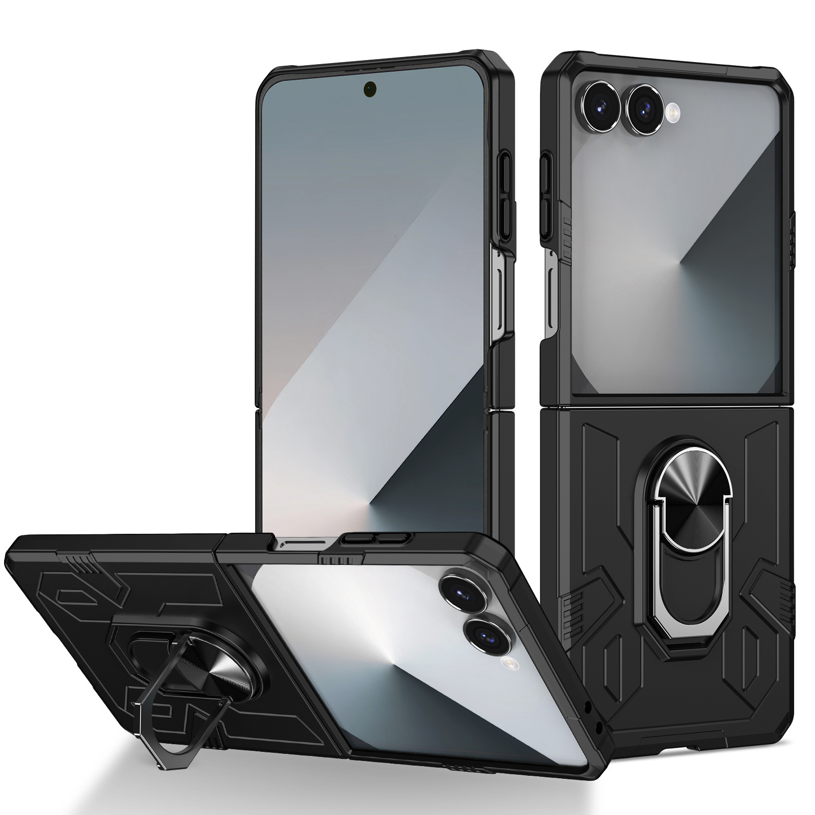 Compatible with Samsung Z Flip 7/6 phone case 5/4/3 magnetic rotating ring holder ultra-thin drop-proof protective case - Black Samsung Z Flip7