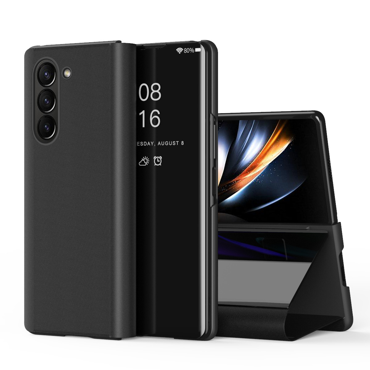 TriFold mirror flip case for Samsung Z Fold 8/7, 6/5/4/3 full-coverage protective case - Black [Mirror Finish] Z Fold8ultra [Standard Edition]