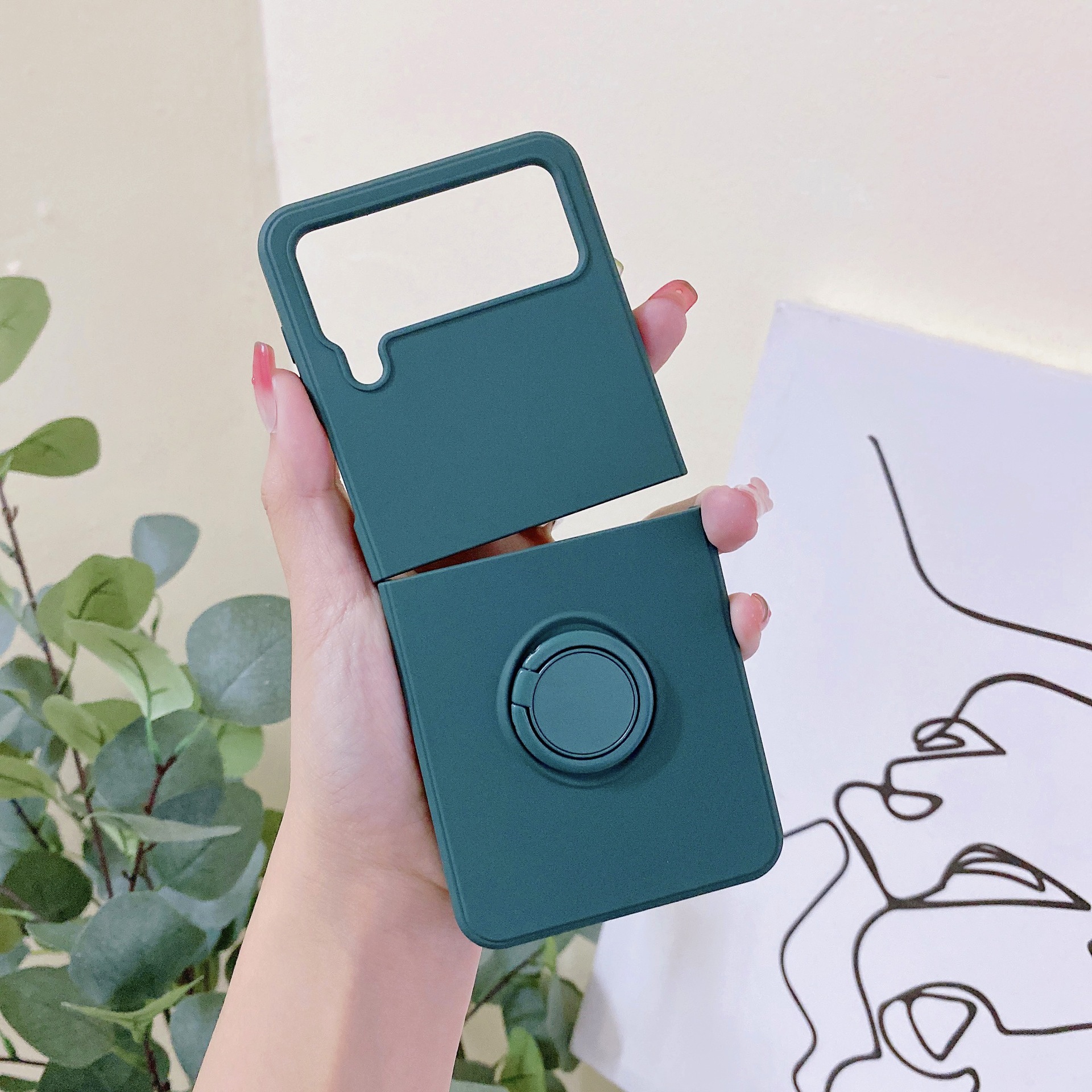 Compatible with Samsung Z Flip 7/6/5 phone cases, TPU silicone rings, 4/3 stylish couple protective cases. - Dark green Samsung SM-Z Flip7