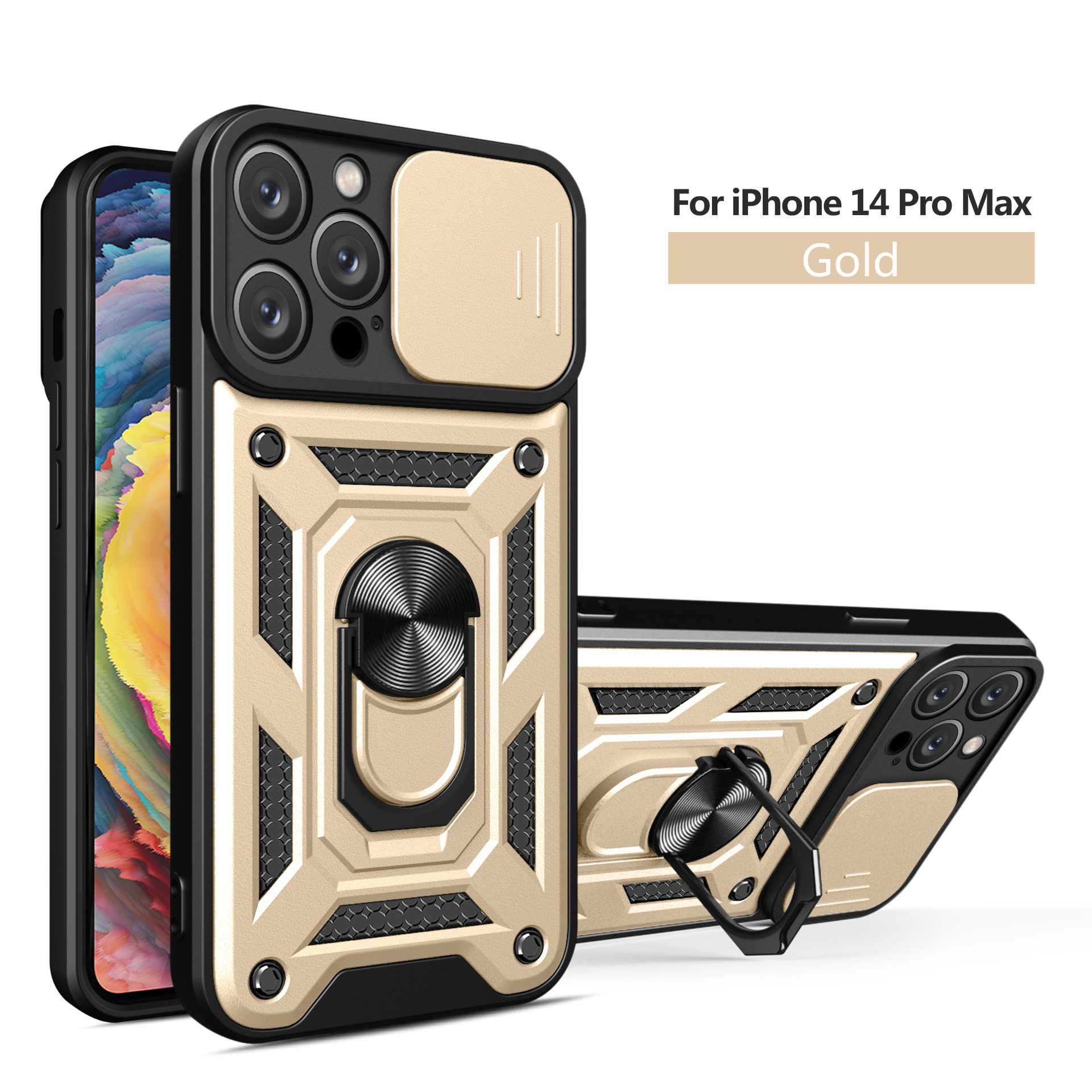 Compatible with Apple 17 Pro Max phone case, 16/15 Plus sliding lens, 14 Pro ring holder protective case - Gold IP-17 PROMAX