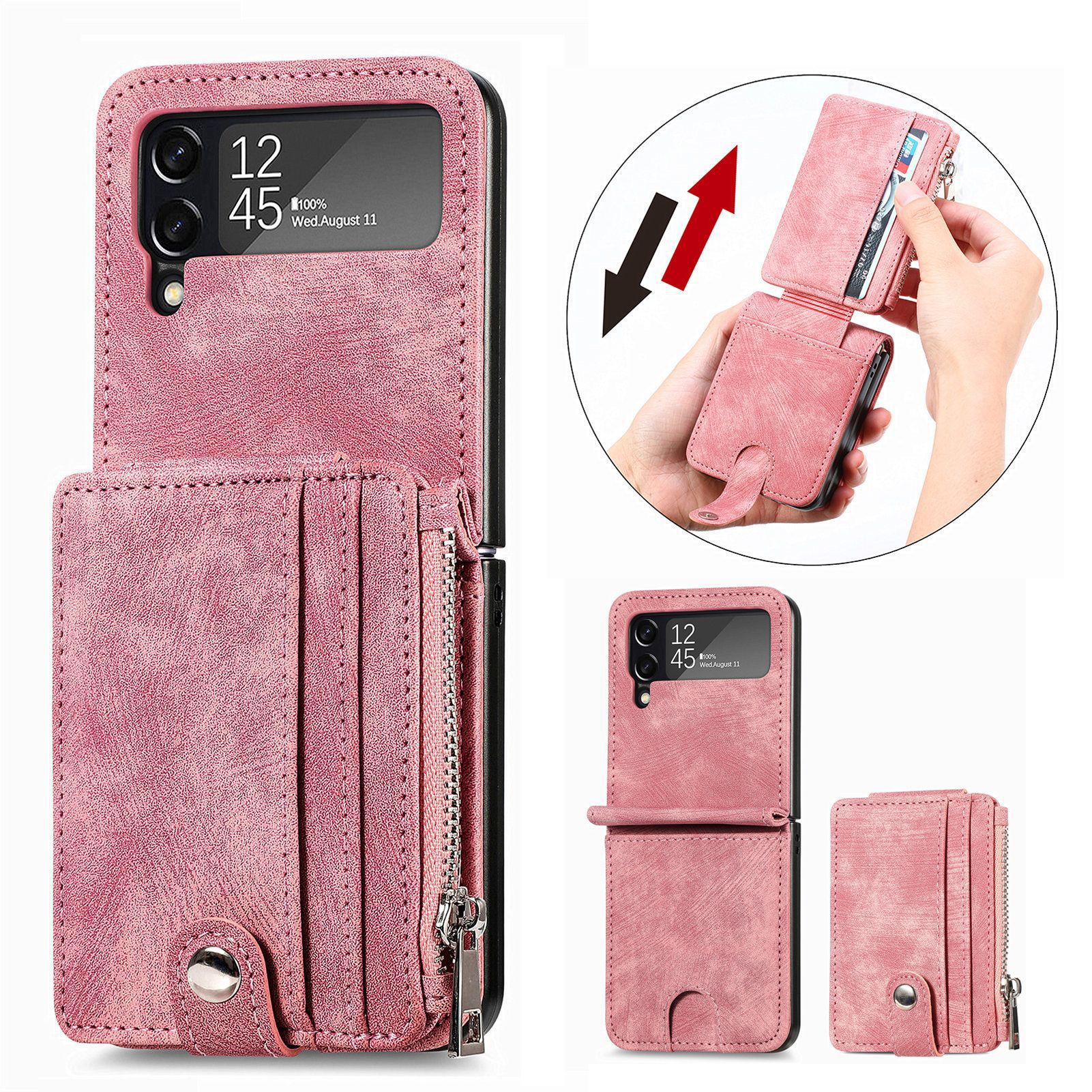 Compatible with Samsung Z Flip 8/7 phone case, 6/5 detachable zipper card holder, integrated 4/3 business drop-proof protective case. - Pink Samsung Z Flip 8