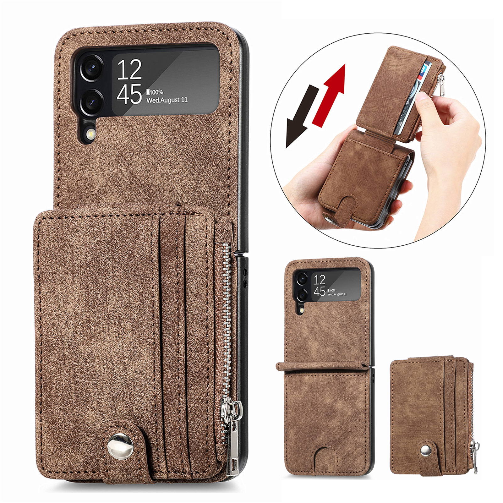 Compatible with Samsung Z Flip 8/7 phone case, 6/5 detachable zipper card holder, integrated 4/3 business drop-proof protective case. - Brown Samsung Z Flip 8