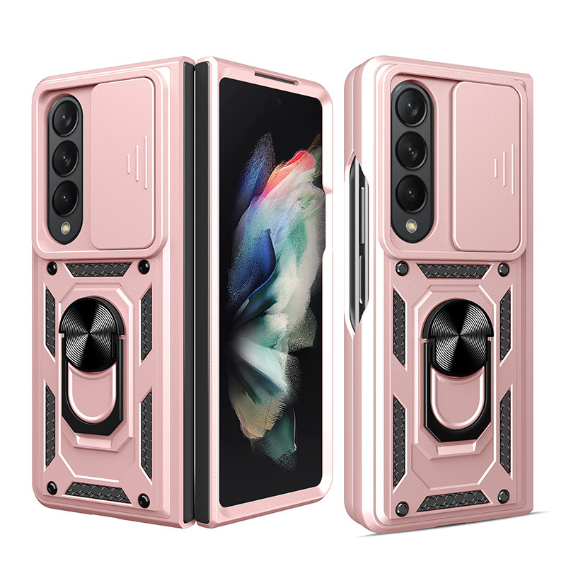 Compatible with Samsung Z Fold7/6/5/4 phone case, sliding lens ring holder, Flip7/6 drop-proof protective case - Rose Gold Samsung Z Fold7