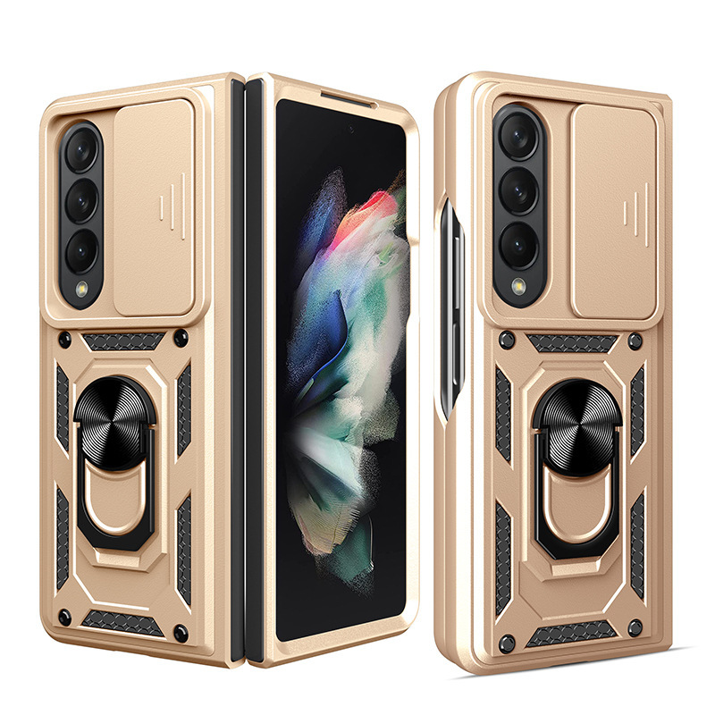 Compatible with Samsung Z Fold7/6/5/4 phone case, sliding lens ring holder, Flip7/6 drop-proof protective case - Gold Samsung Z Fold7