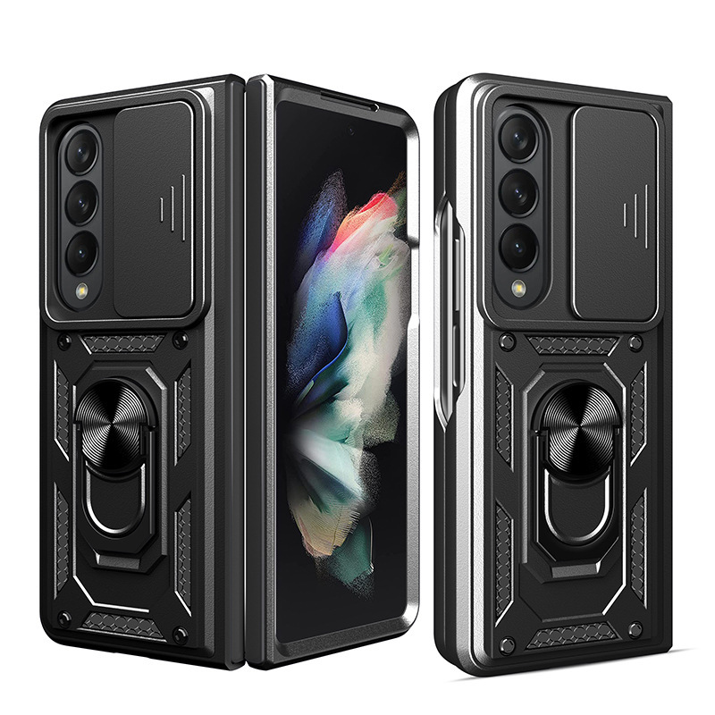 Compatible with Samsung Z Fold7/6/5/4 phone case, sliding lens ring holder, Flip7/6 drop-proof protective case - Black Samsung Z Fold7