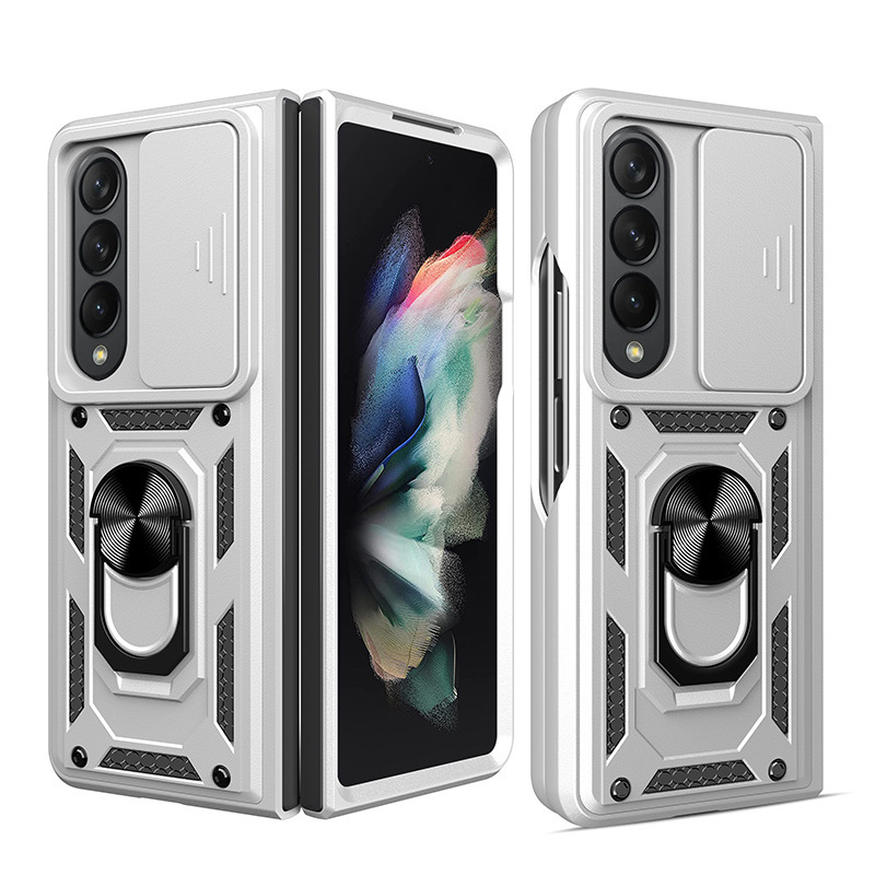 Compatible with Samsung Z Fold7/6/5/4 phone case, sliding lens ring holder, Flip7/6 drop-proof protective case - Silver Samsung Z Fold7