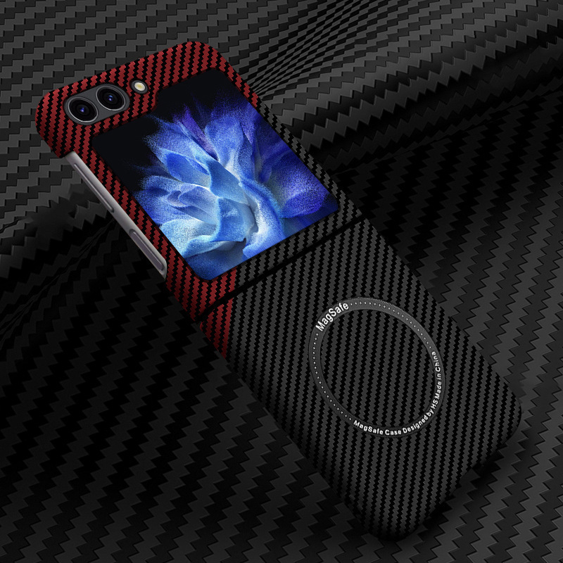 Compatible with Samsung Z Flip 7/6/5 phone cases, 4/3 carbon fiber magnetic wireless charging ultra-thin drop-proof protective cases. - Black and red magnetic clasp Samsung Z Flip7