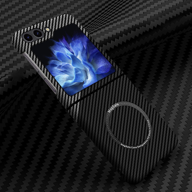 Compatible with Samsung Z Flip 7/6/5 phone cases, 4/3 carbon fiber magnetic wireless charging ultra-thin drop-proof protective cases. - Black and silver magnetic closure Samsung Z Flip7