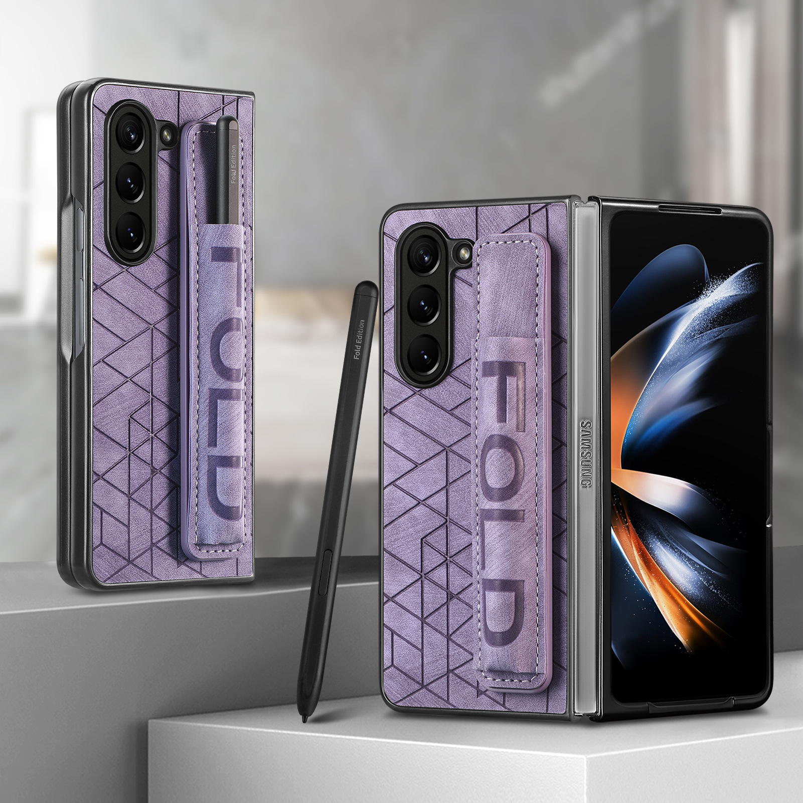 Compatible Samsung Z Fold8U phone case 7/6/5 wrist strap letter pen holder vegan leather 4/3 shockproof protective case - Purple [without pen] Z Fold8ultra