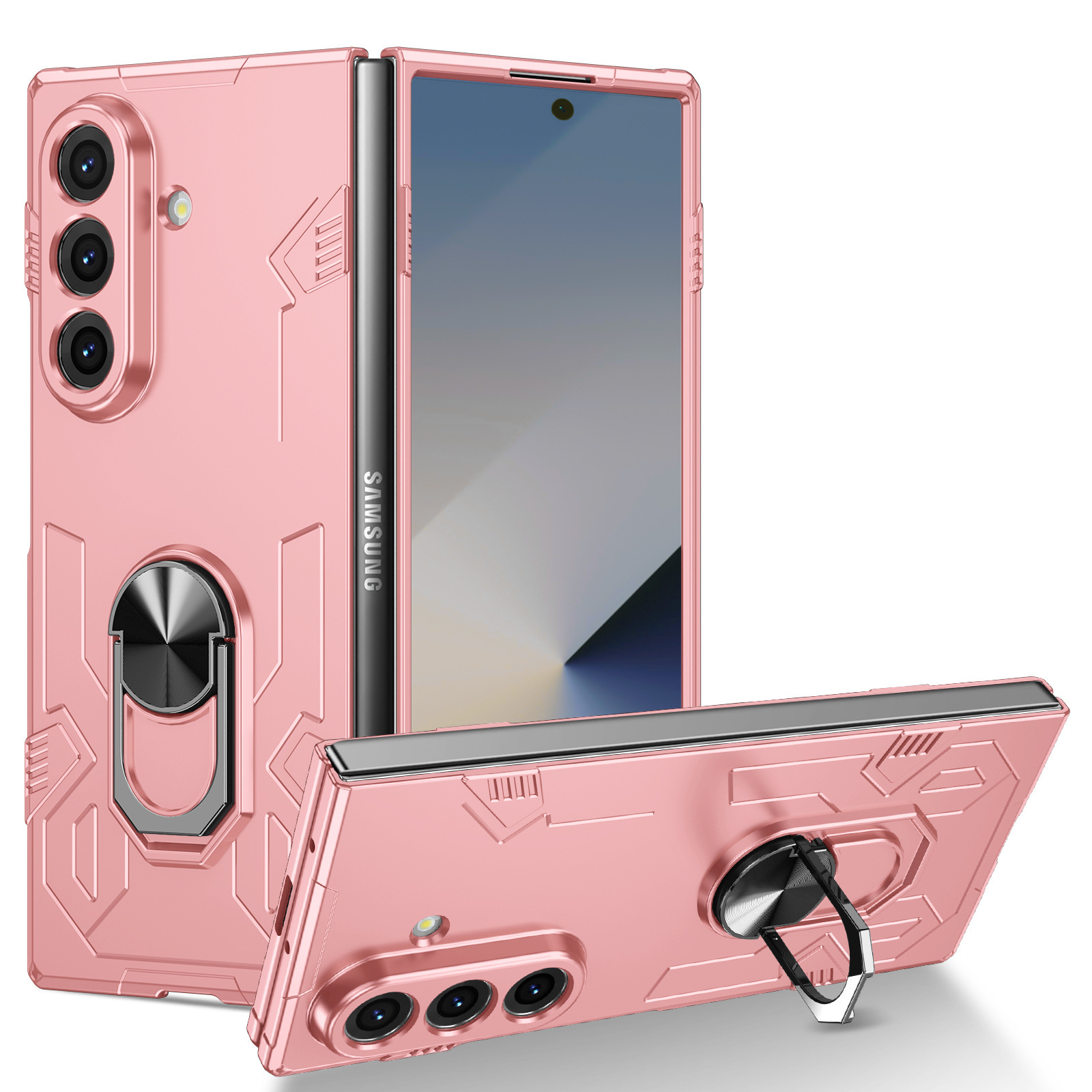 Compatible with Samsung Z Fold7/6/5 phone case, 4/3-inch car magnetic rotating ring holder folding screen protective case - Pink Samsung Z Fold7