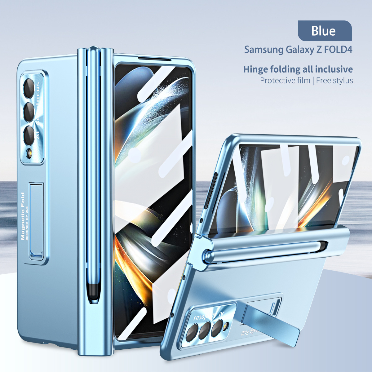 Compatible with Samsung Z Fold 5/6/7 phone cases, 4/3 hinge, pen slot, electroplated case with full-coverage protective film. - Far Peak Blue [Cover with Pen] Samsung Z Fold5