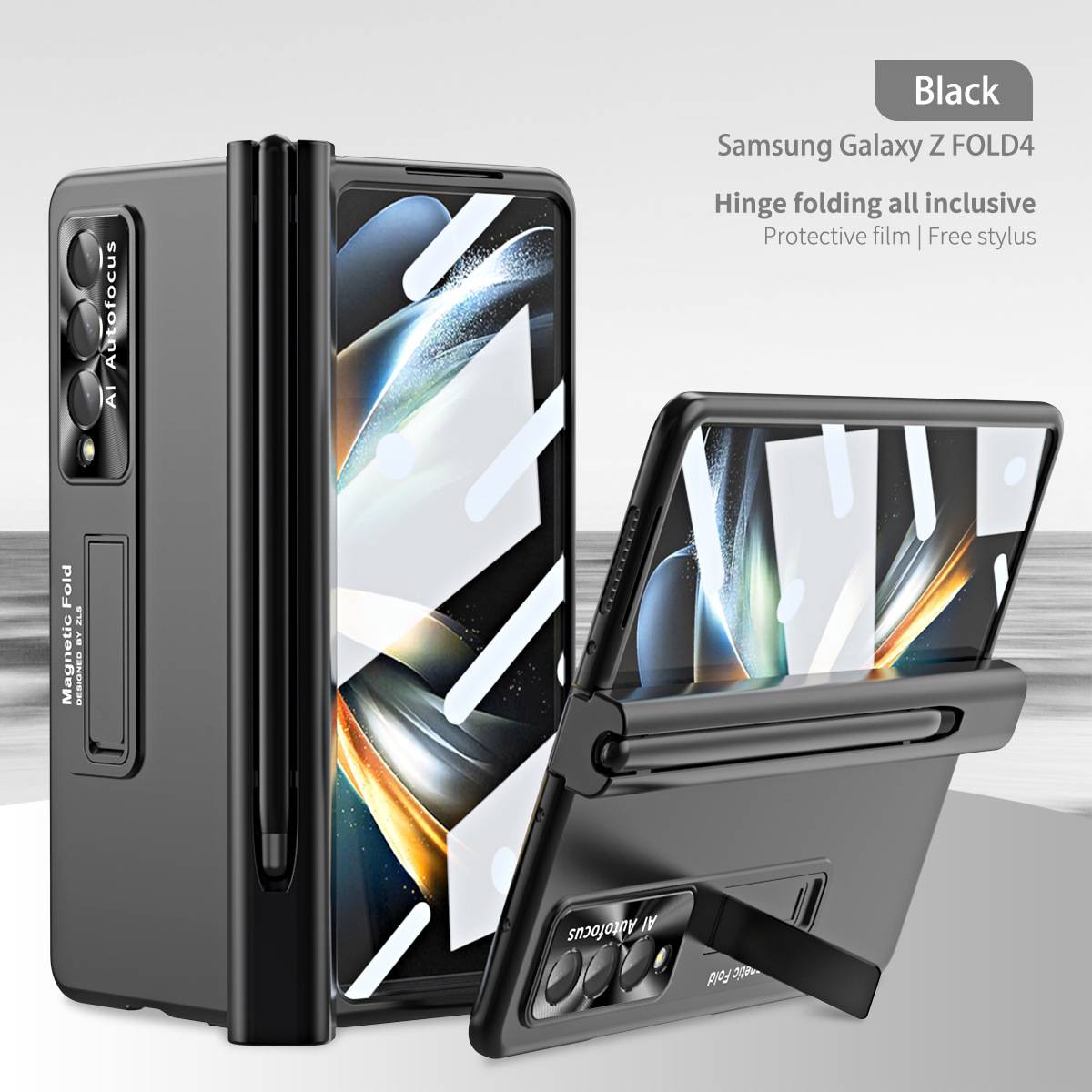 Compatible with Samsung Z Fold 5/6/7 phone cases, 4/3 hinge, pen slot, electroplated case with full-coverage protective film. - Cool Black Case with Pen Samsung Z Fold5