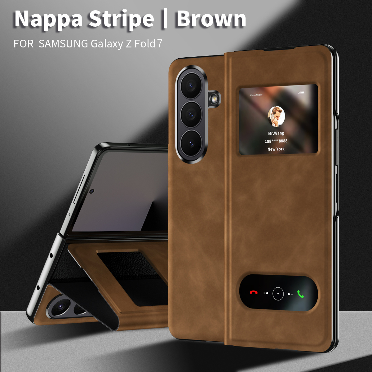Compatible with Samsung Z Fold8/7/6 phone cases, 5/4/3-inch window, vegan leather, lychee texture, foldable screen, drop-proof protective case. - Brown Nappa Texture Samsung-Z Fold8