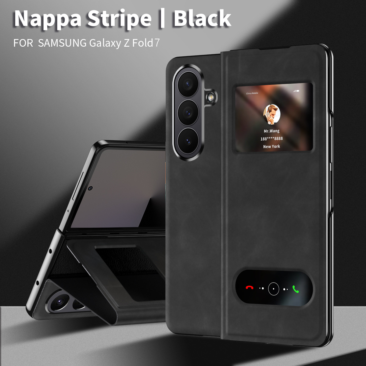 Compatible with Samsung Z Fold8/7/6 phone cases, 5/4/3-inch window, vegan leather, lychee texture, foldable screen, drop-proof protective case. - Black Nappa Texture Samsung Z Fold8