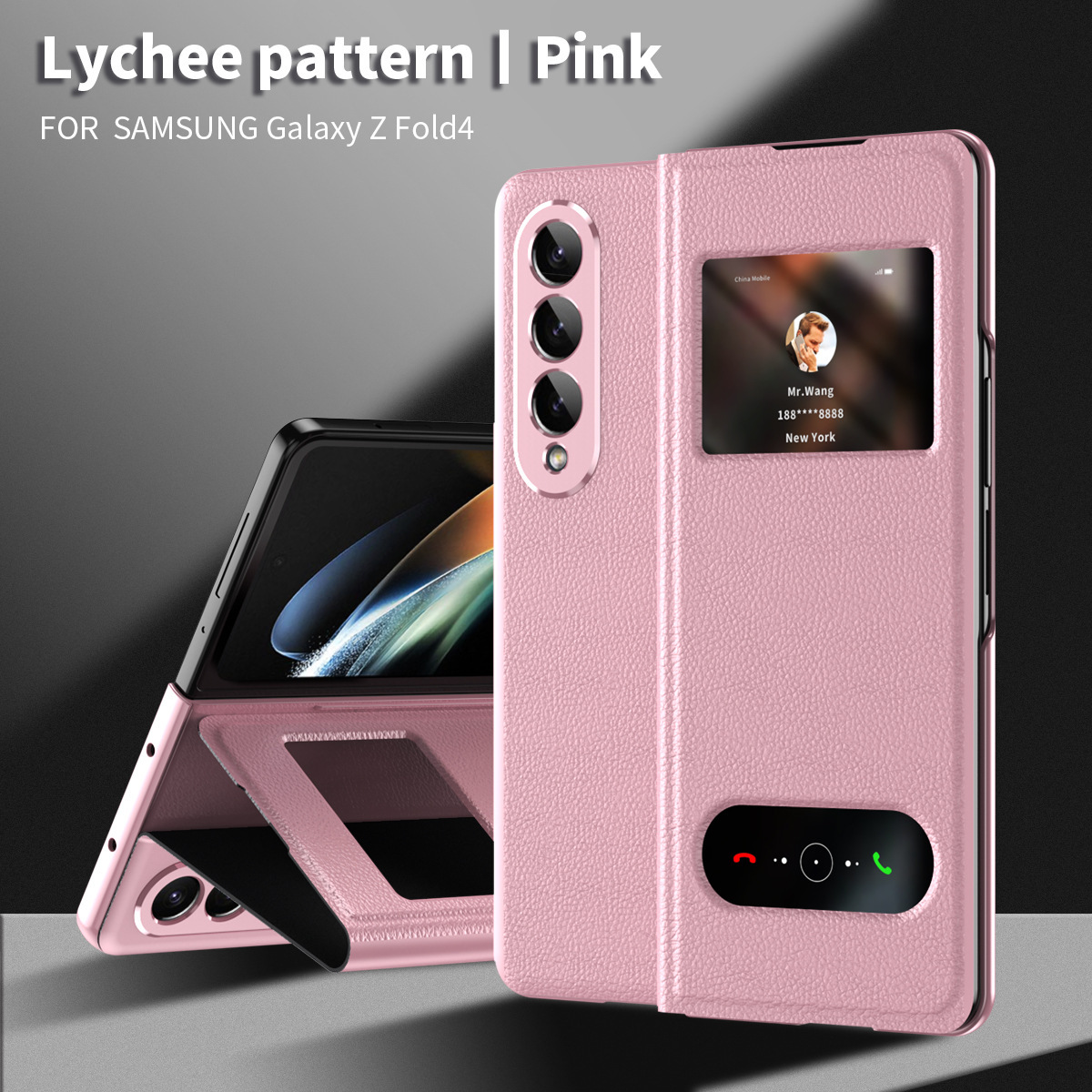 Compatible with Samsung Z Fold8/7/6 phone cases, 5/4/3-inch window, vegan leather, lychee texture, foldable screen, drop-proof protective case. - Lychee-patterned pink Samsung-Z Fold8
