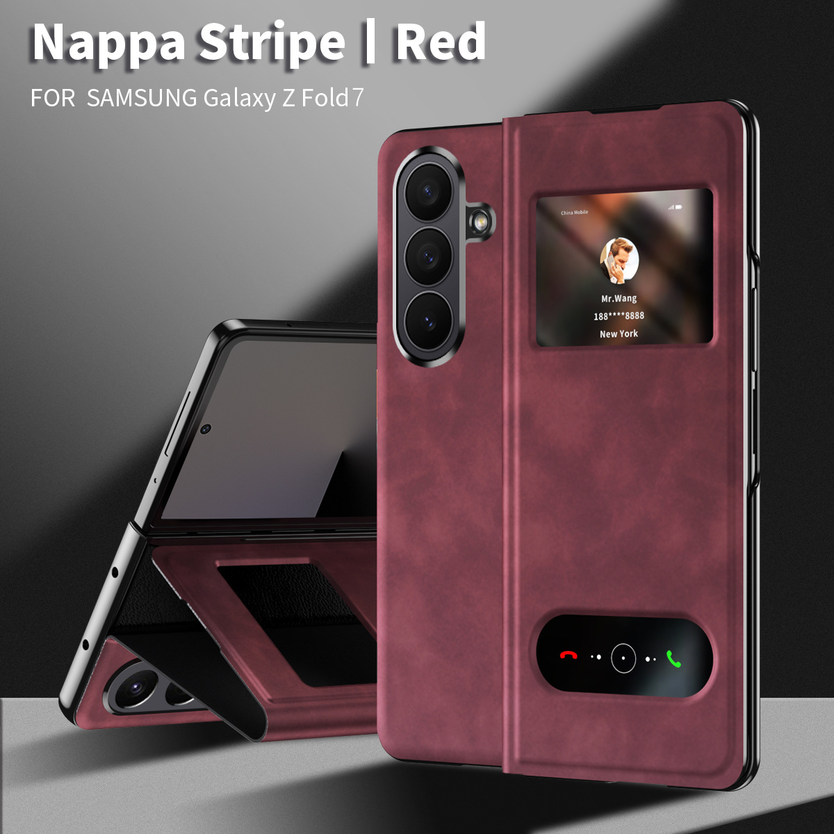 Compatible with Samsung Z Fold8/7/6 phone cases, 5/4/3-inch window, vegan leather, lychee texture, foldable screen, drop-proof protective case. - Burgundy Nappa Texture Samsung-Z Fold8
