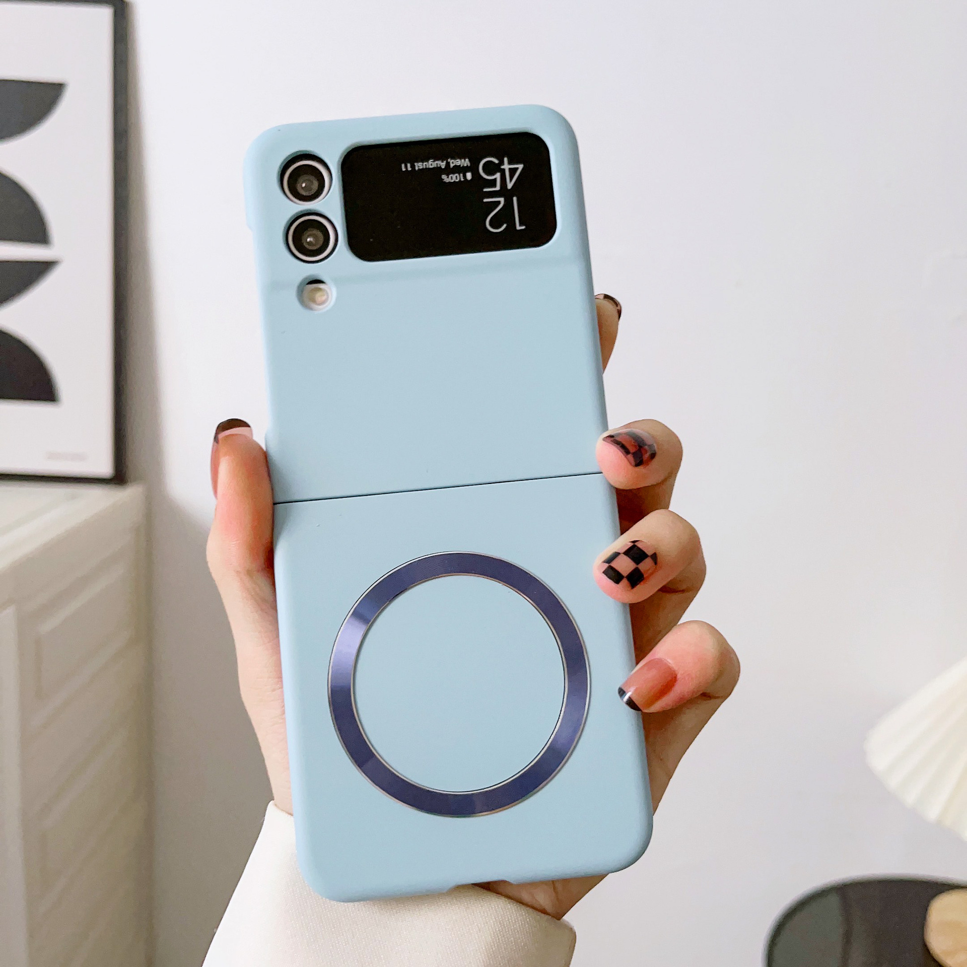 Compatible with Samsung Z Flip 7/6 phone case 5/4/3 wireless charging magnetic coil skin-feel solid color ultra-thin protective case - Sky Blue Samsung Z Flip7