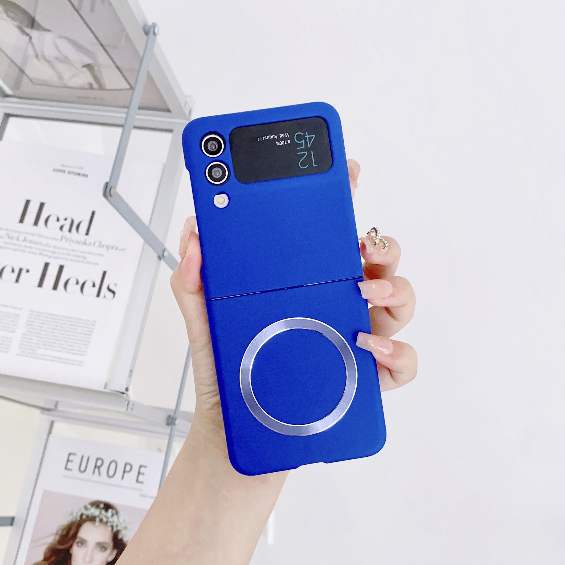 Compatible with Samsung Z Flip 7/6 phone case 5/4/3 wireless charging magnetic coil skin-feel solid color ultra-thin protective case - Klein Blue Samsung Z Flip7