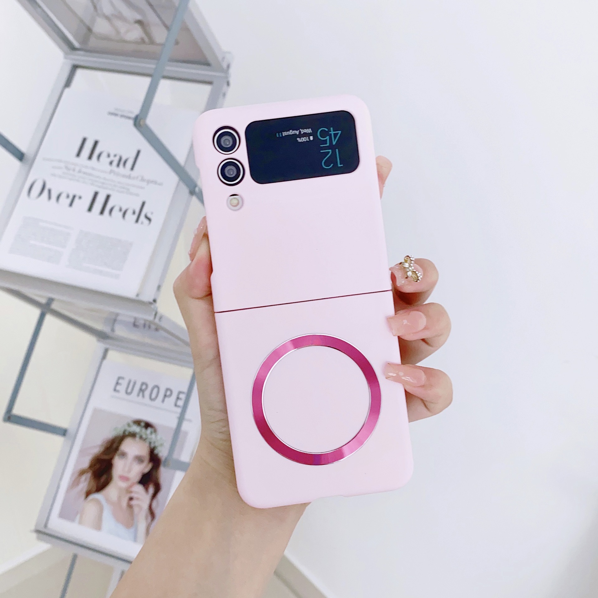 Compatible with Samsung Z Flip 7/6 phone case 5/4/3 wireless charging magnetic coil skin-feel solid color ultra-thin protective case - Pink Samsung Z Flip7