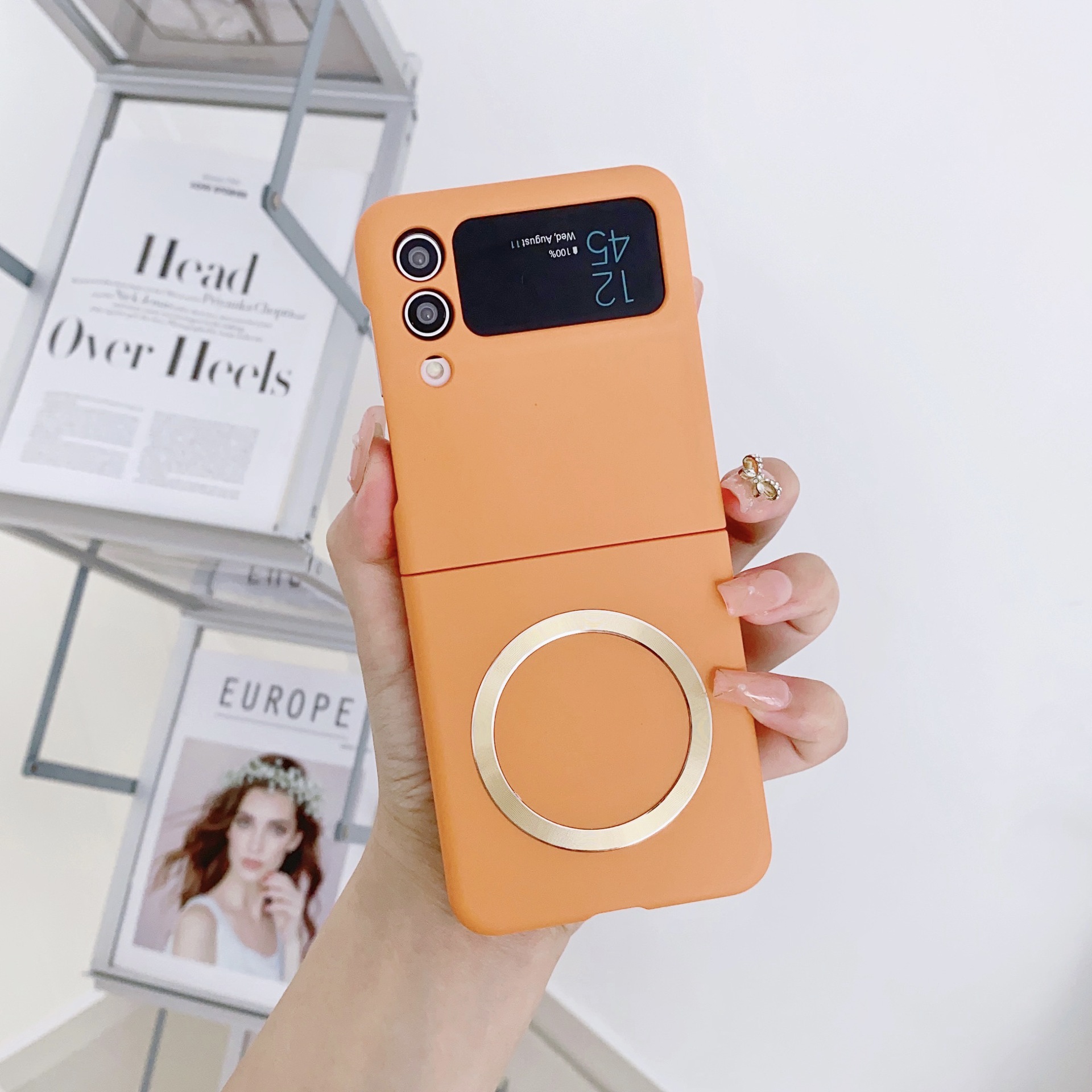 Compatible with Samsung Z Flip 7/6 phone case 5/4/3 wireless charging magnetic coil skin-feel solid color ultra-thin protective case - Orange Samsung Z Flip7