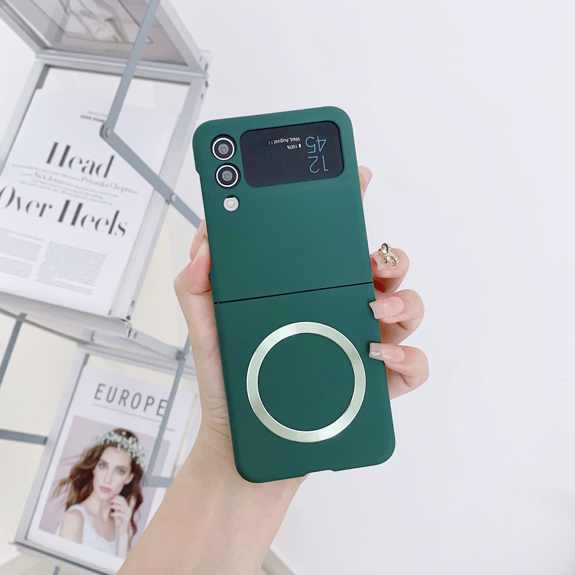 Compatible with Samsung Z Flip 7/6 phone case 5/4/3 wireless charging magnetic coil skin-feel solid color ultra-thin protective case - Dark green Samsung Z Flip7