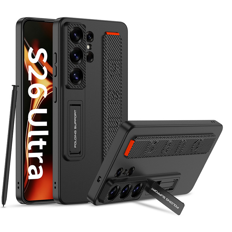Compatible with Samsung S26/25 Ultra phone case, elastic wrist strap, S23/24U ultra-thin stand, drop-proof protective case - Carbon fiber texture SM-S26 Ultra