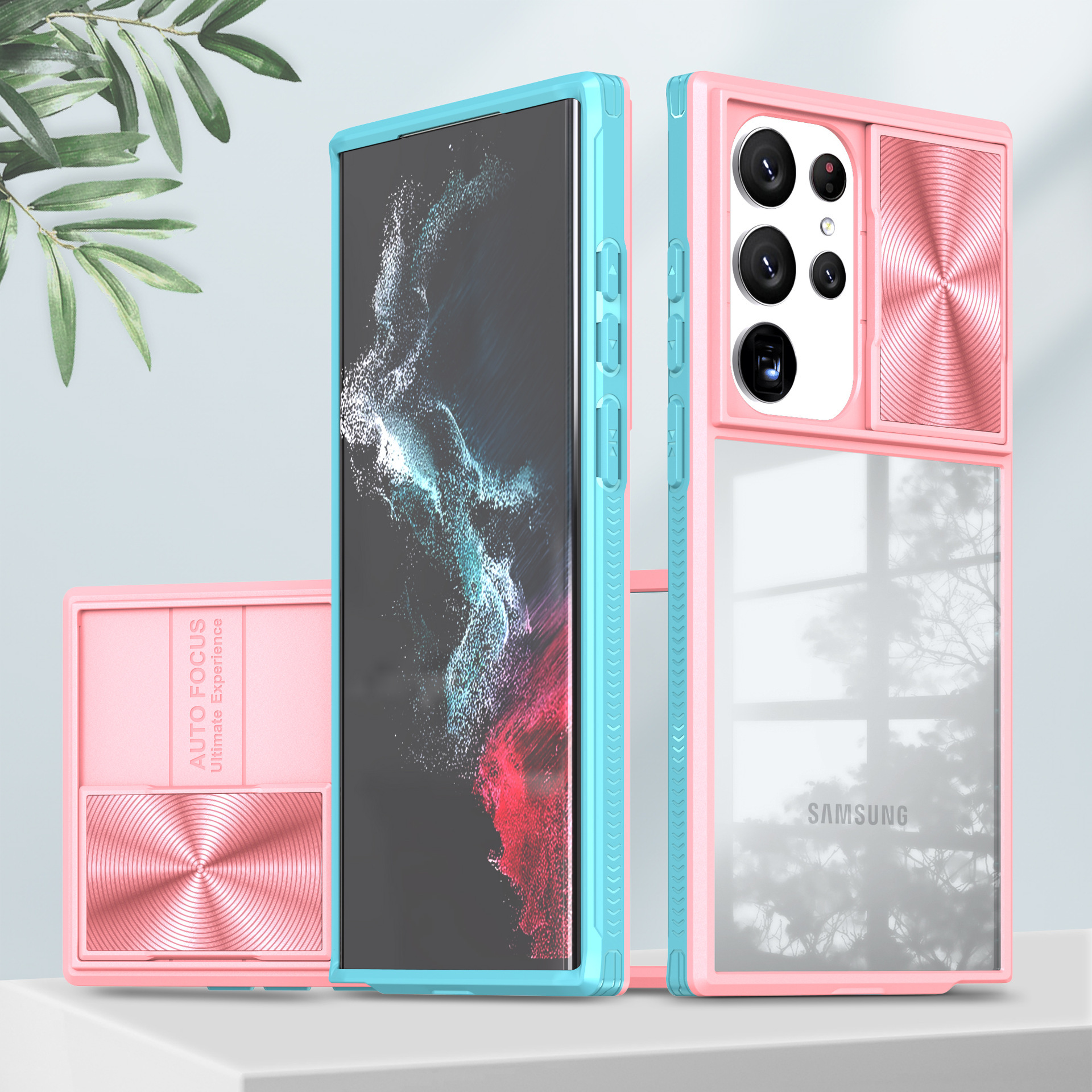 Compatible with Samsung S25 Ultra phone case A36/56 transparent sliding window 24plus color blocking 23U shockproof protective case - Pink + Sky Blue S25 ULTRA