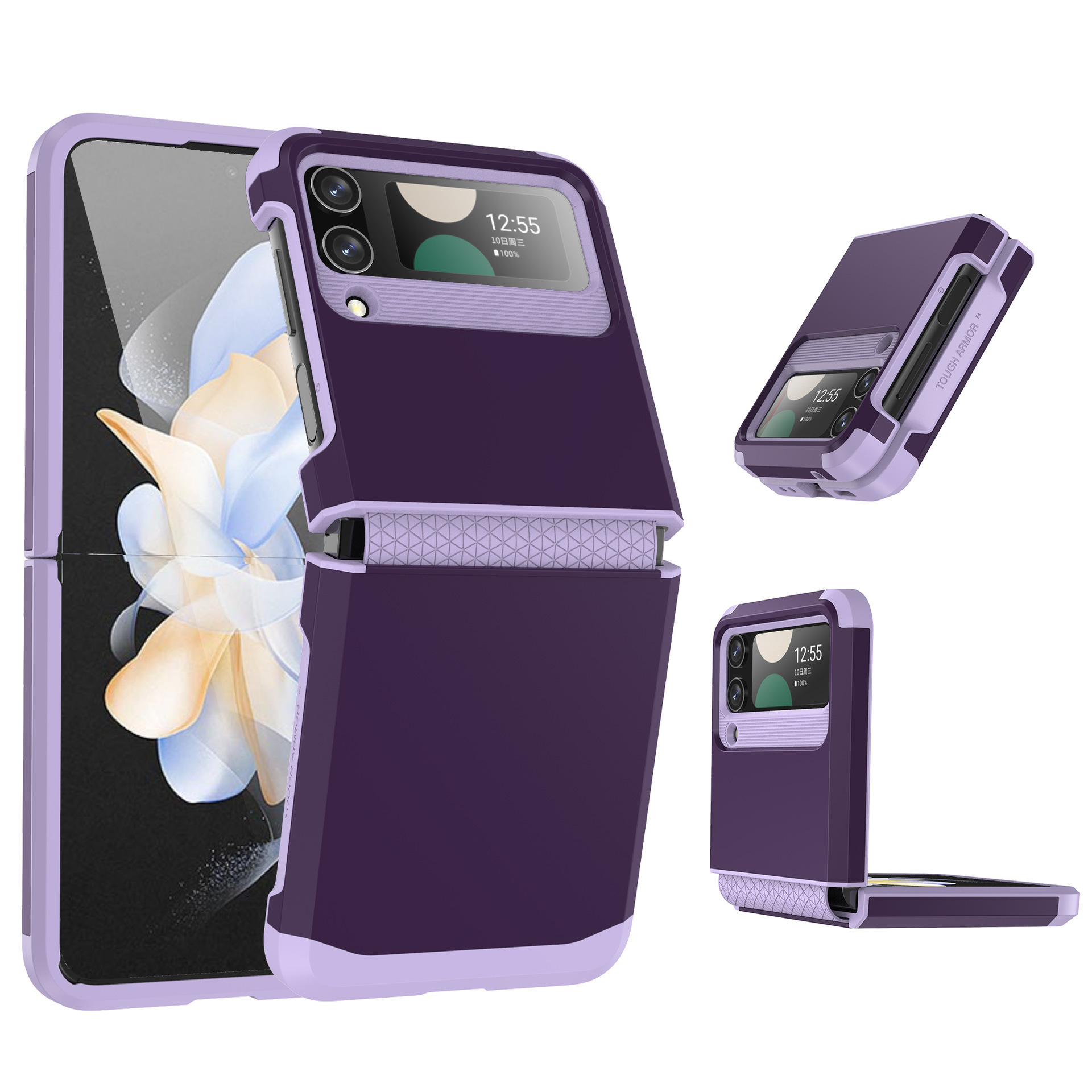 Compatible with Samsung Z Flip 6/5 phone case, 4/3 integrated hinge, color-blocked armor, stylish couple folding protective case - Dark purple Samsung Z Flip6