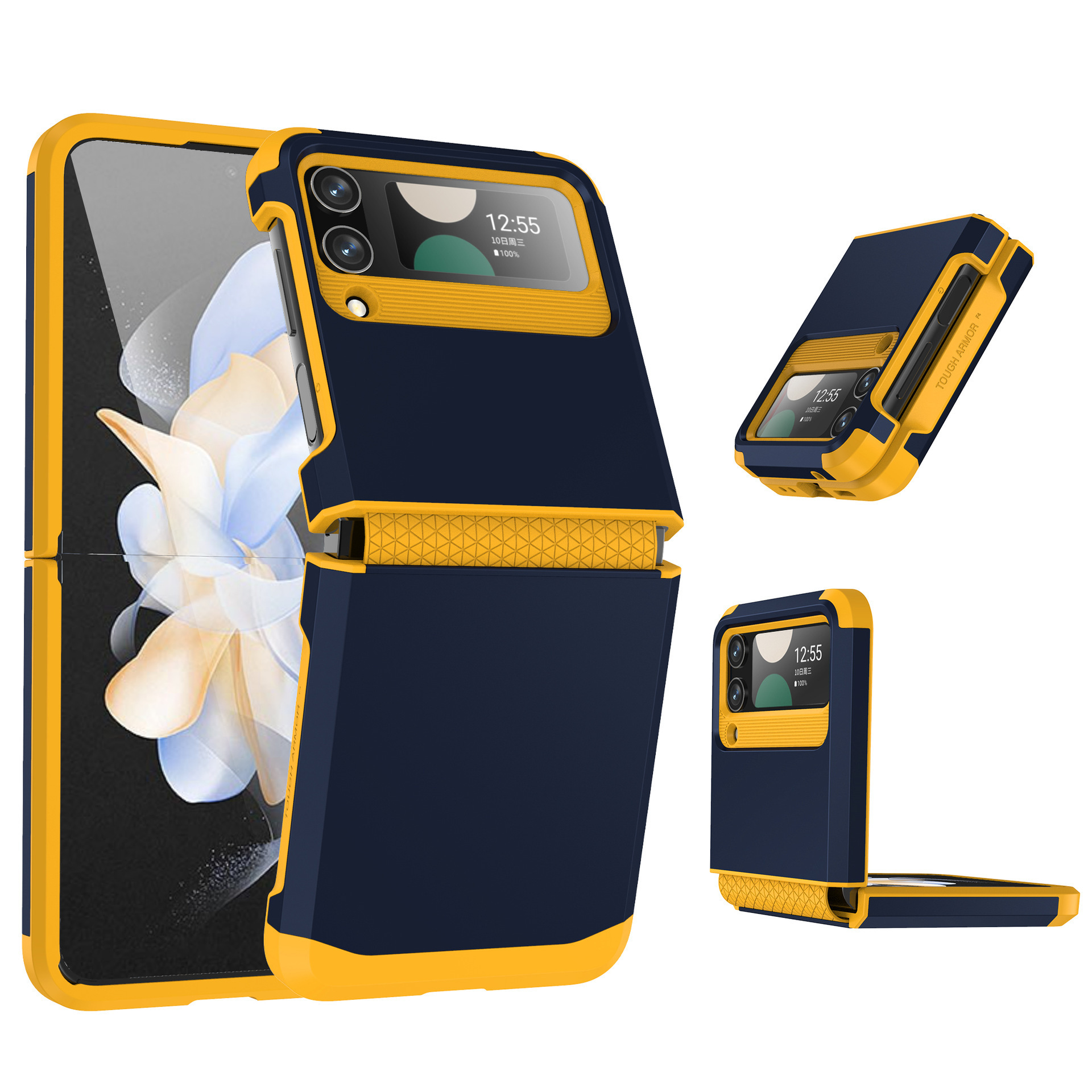 Compatible with Samsung Z Flip 6/5 phone case, 4/3 integrated hinge, color-blocked armor, stylish couple folding protective case - Dark Blue Yellow