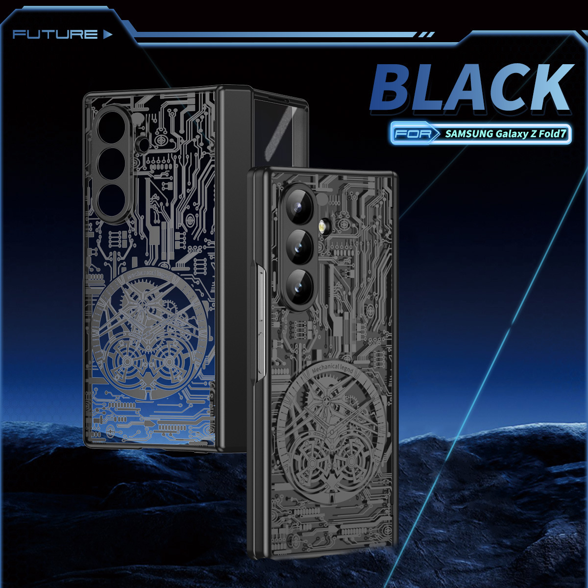 Compatible with Samsung Z Fold8/7/6 phone case, 5/4 electroplated mechanical gear shell film, full-coverage folding screen protective case - Black [Shell Membrane] Z Fold8ultra [Spring Hinge]