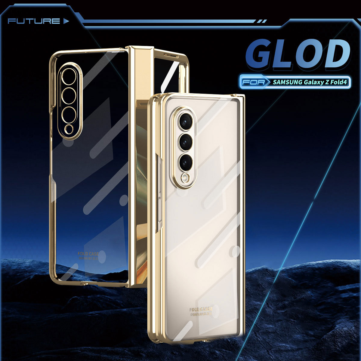 Compatible with Samsung Z Fold5/4 phone case, foldable screen Fold3 transparent electroplated case film hinge full-coverage protective case - Gold [Case Screen Protector] Samsung SM-Z Fold4