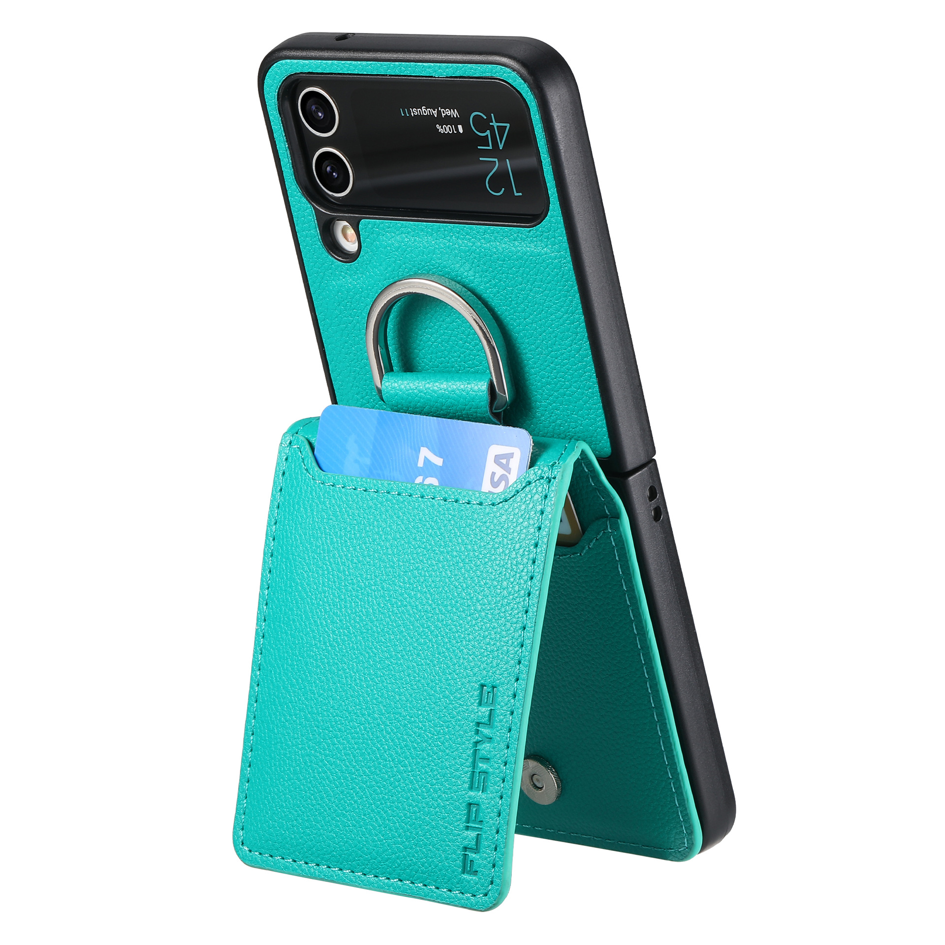 Compatible with Samsung Z Flip 8/7 phone case, 6/5 ring card holder, 4/3 folding screen, drop-proof protective case - Green Samsung Z Flip8
