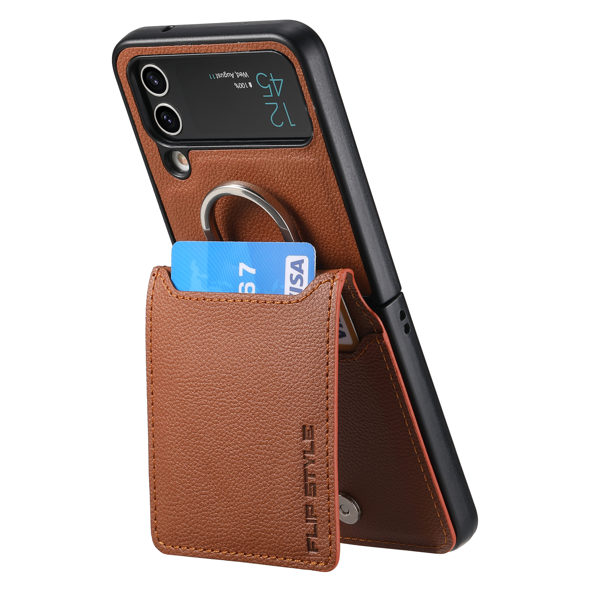 Compatible with Samsung Z Flip 8/7 phone case, 6/5 ring card holder, 4/3 folding screen, drop-proof protective case - Dark Brown Samsung Z Flip 8