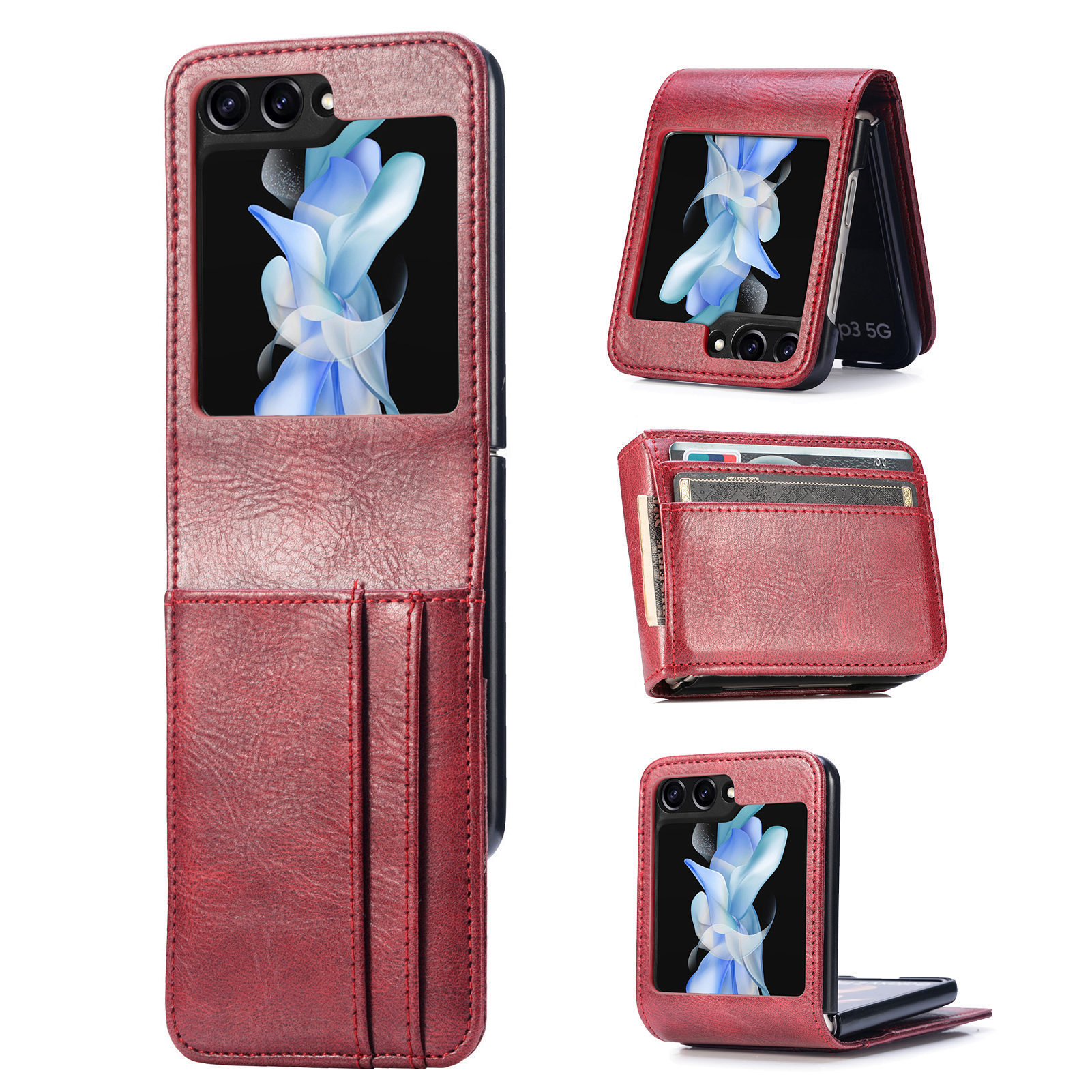 Compatible with Samsung Z Flip 8/7 phone case, 6/5 inch integrated multi-SIM card slot business 4/3 folding screen protective leather case - Red Samsung Z Flip8