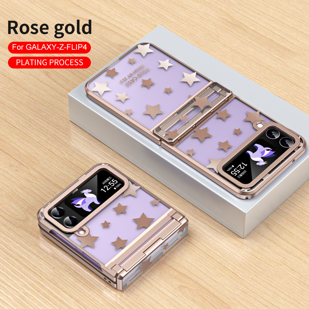 Compatible with Samsung Z Flip 6/5 folding screen P4/3 electroplated transparent flat hinge drop-proof protective case - Rose Gold Samsung Z Flip 5