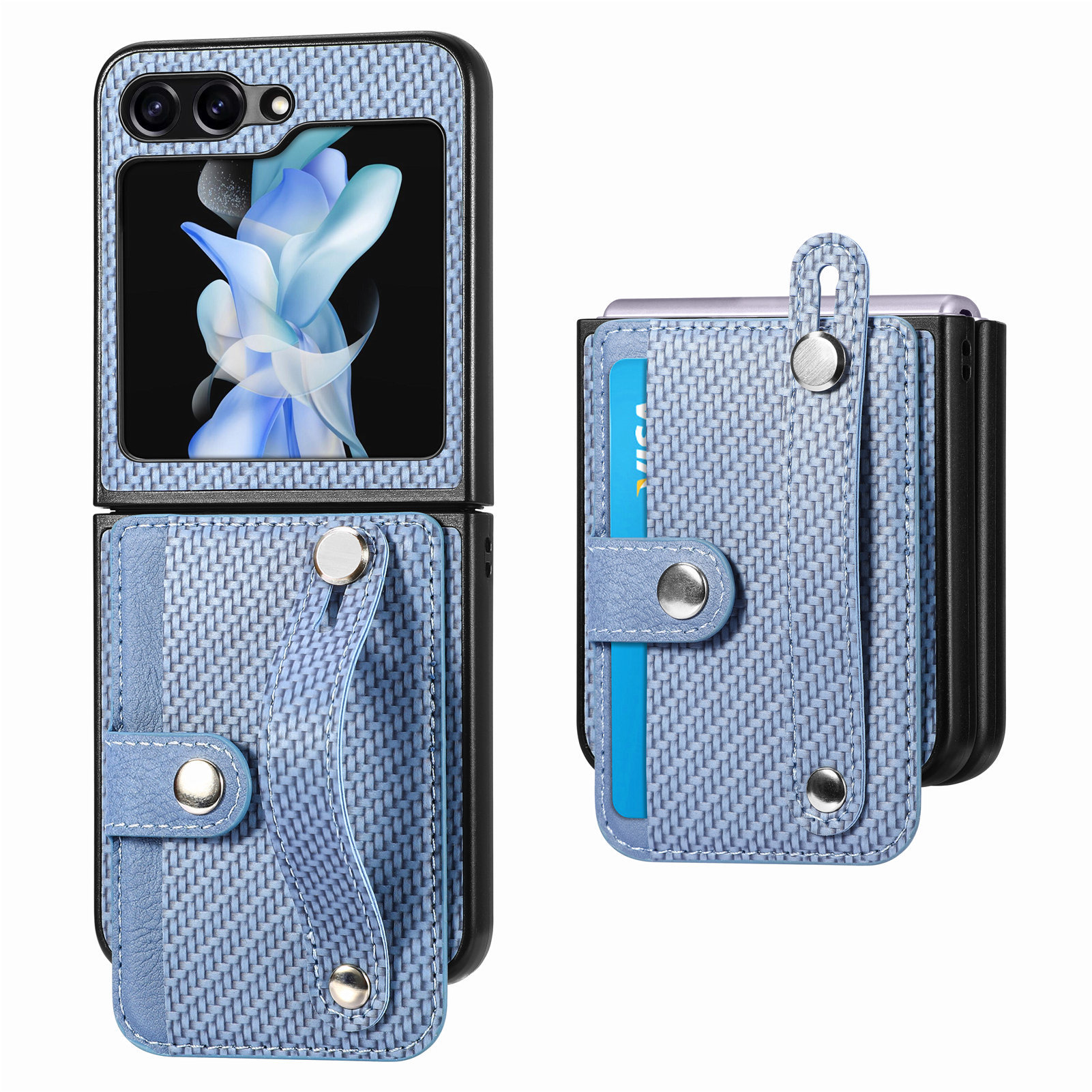 Compatible with Samsung Z Flip 8/7 phone case, 6/5 wrist strap, stand, card holder, Razr70U fiber texture protective case - Blue Samsung Z Flip8