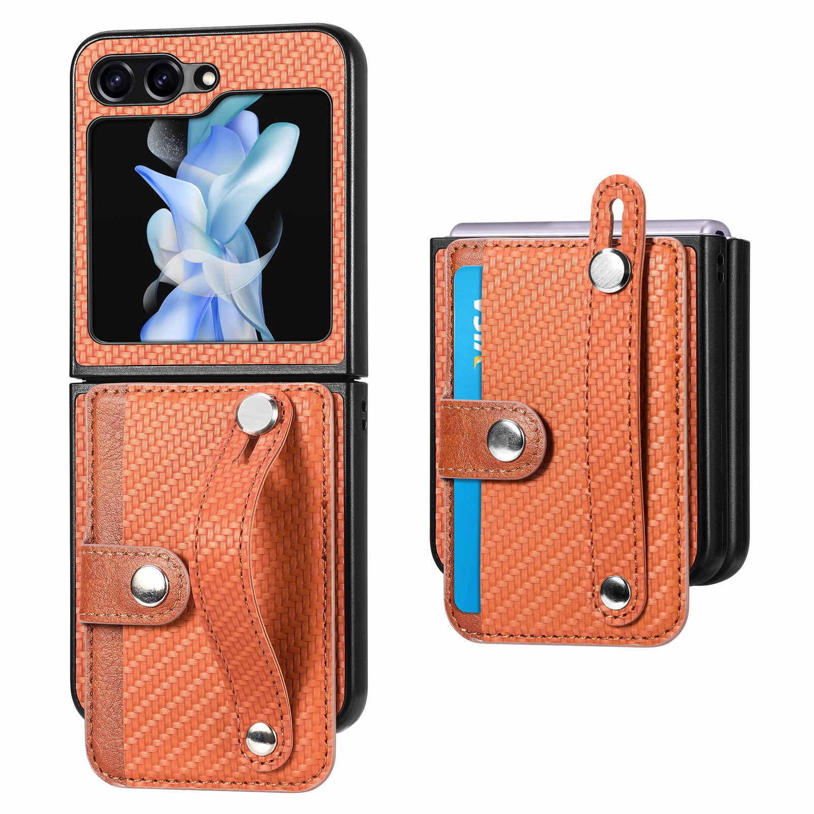 Compatible with Samsung Z Flip 8/7 phone case, 6/5 wrist strap, stand, card holder, Razr70U fiber texture protective case - Brown Samsung Z Flip 8