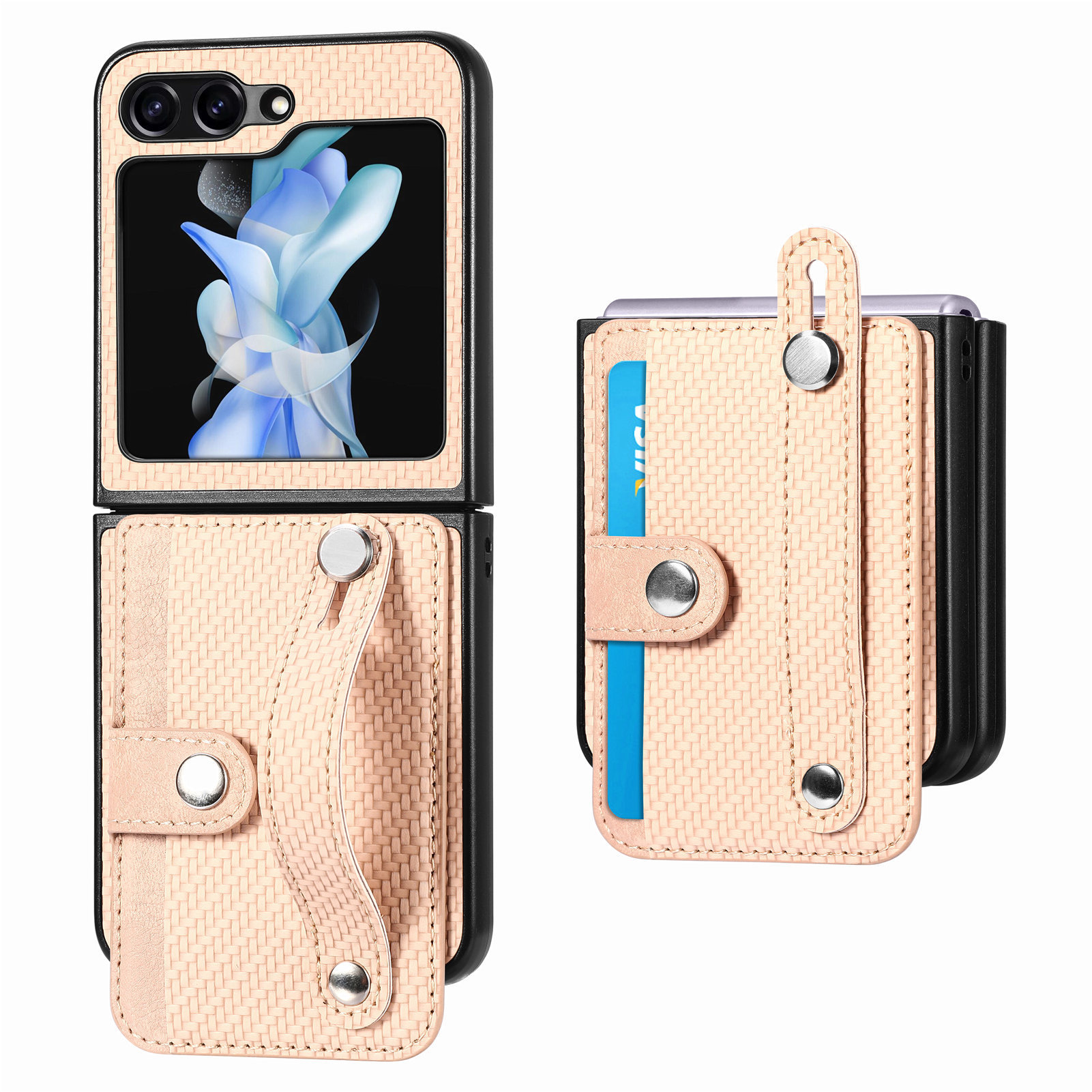 Compatible with Samsung Z Flip 8/7 phone case, 6/5 wrist strap, stand, card holder, Razr70U fiber texture protective case - Khaki Samsung-Z Flip8