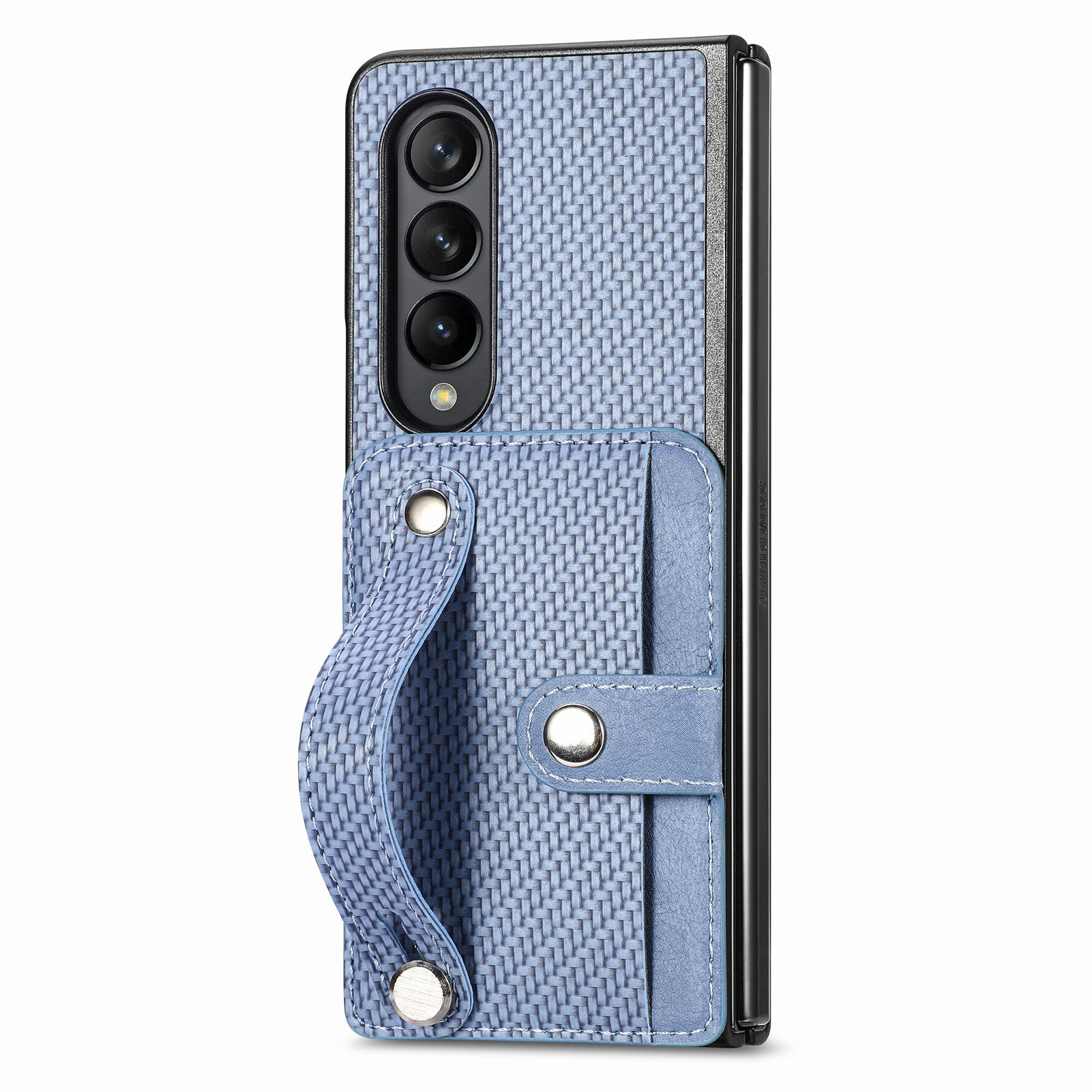 Compatible with Samsung Z Fold8U phone case 7/6/5 card holder wrist strap stand fiber texture 4/3 shockproof protective case - Blue Z Fold8ultra