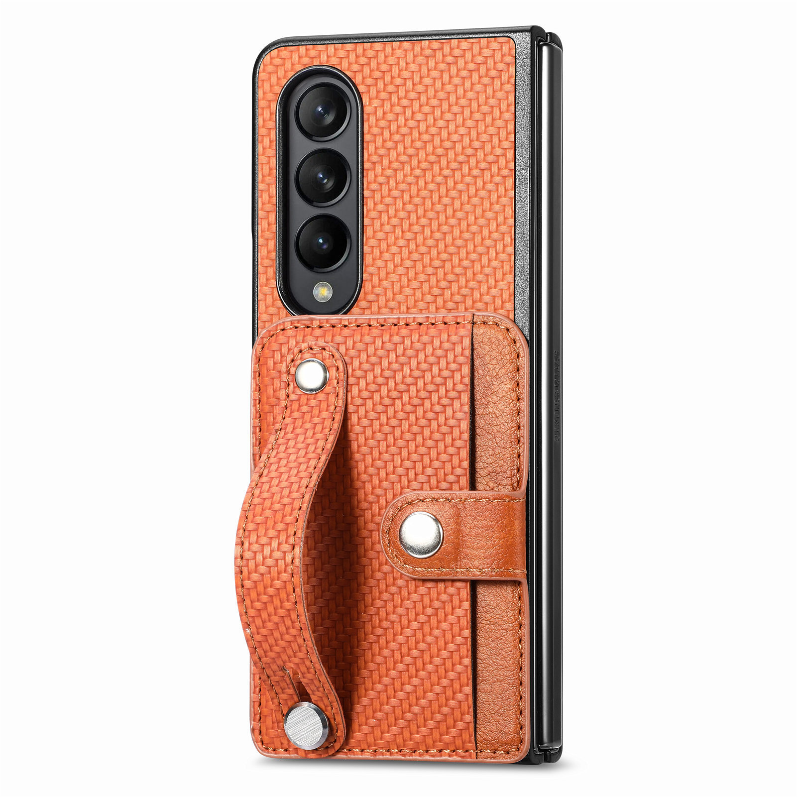 Compatible with Samsung Z Fold8U phone case 7/6/5 card holder wrist strap stand fiber texture 4/3 shockproof protective case - Brown Z Fold8ultra