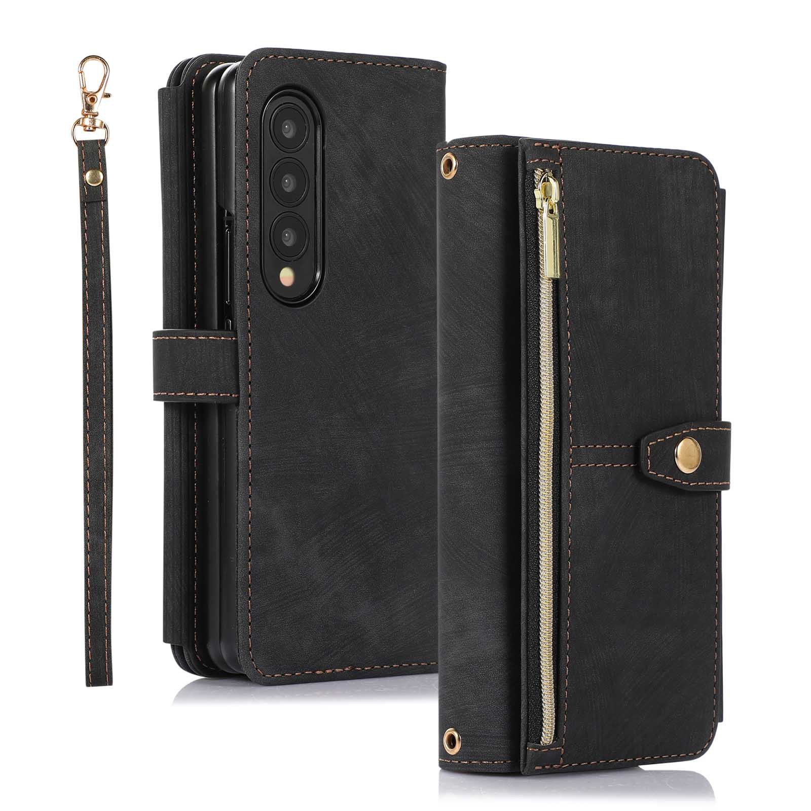 Compatible with Samsung Z Fold7/6/5 phone cases, 4/3 zipper wallets, multi-card slots, crossbody straps, and folding screen protective cases. - Black [Short Strap] Samsung SM-Z Fold7