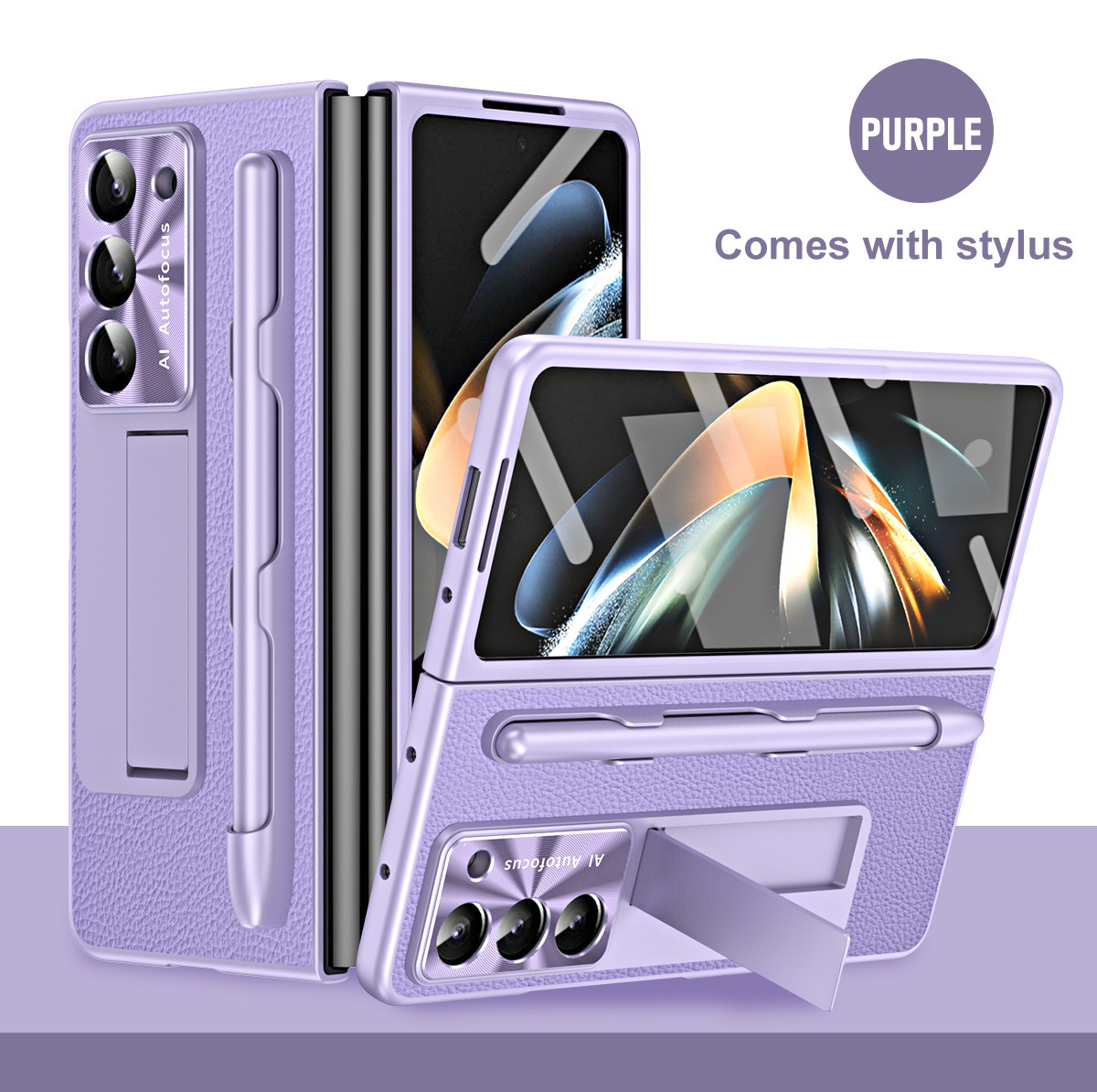 Compatible with Samsung ZFold7/6/5 phone case, vegan leather, pen slot, pen case, screen protector, stand, foldable screen, drop-proof protective case - Pen slot with pen - Purple [Case and screen protector] Samsung SM-Z Fold7 [Vegan Leather]