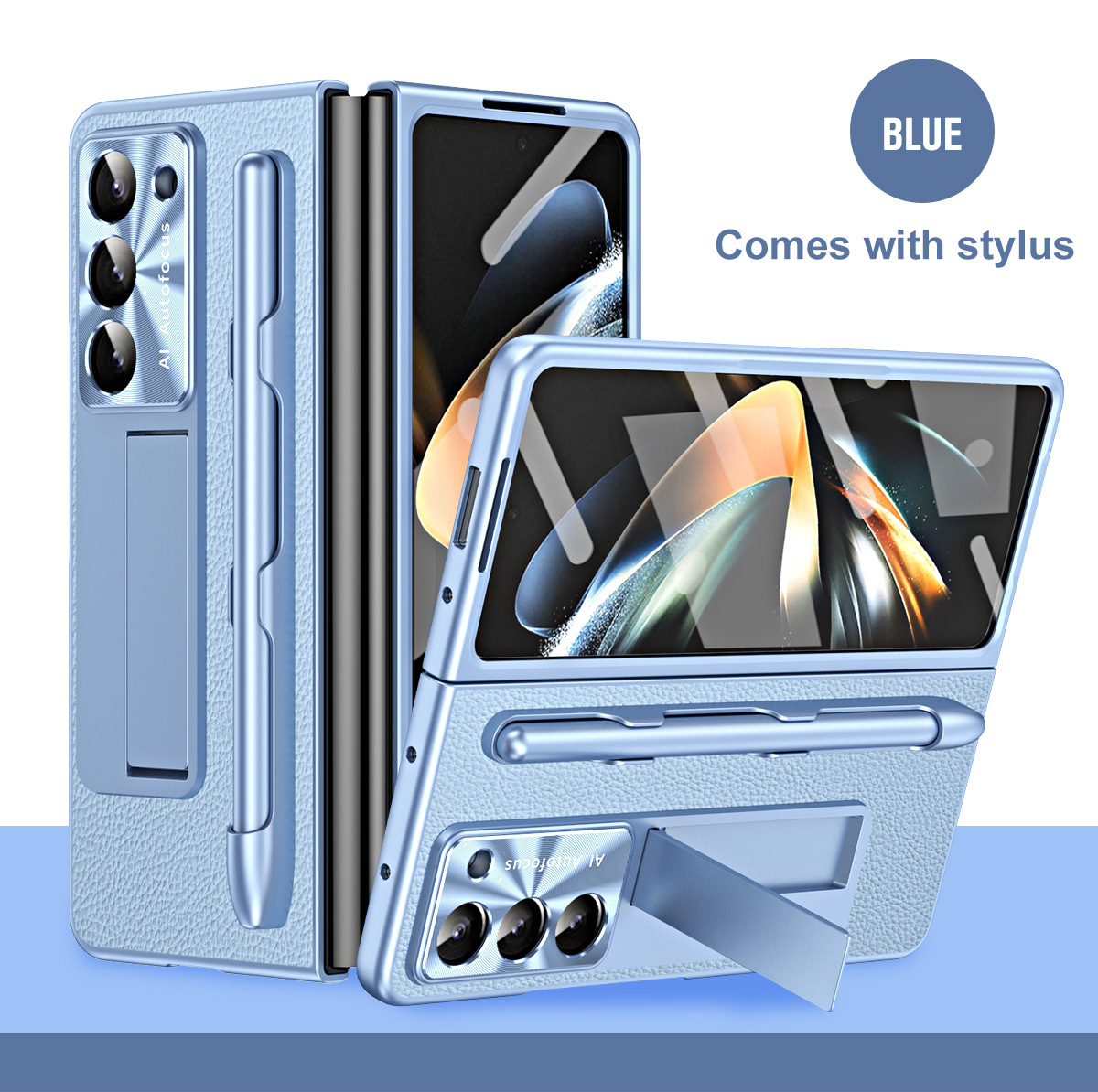 Compatible with Samsung ZFold7/6/5 phone case, vegan leather, pen slot, pen case, screen protector, stand, foldable screen, drop-proof protective case - Pen slot with pen - light blue [case and screen protector] Samsung SM-Z Fold7 [vegan leather]