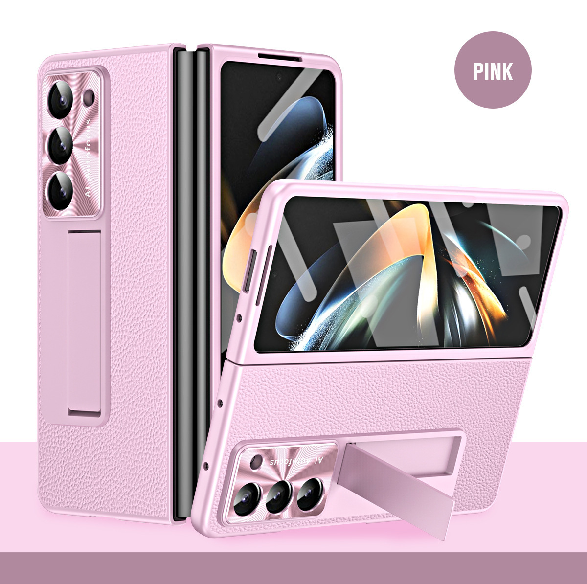 Compatible with Samsung ZFold7/6/5 phone case, vegan leather, pen slot, pen case, screen protector, stand, foldable screen, drop-proof protective case - Pink Case Screen Cover