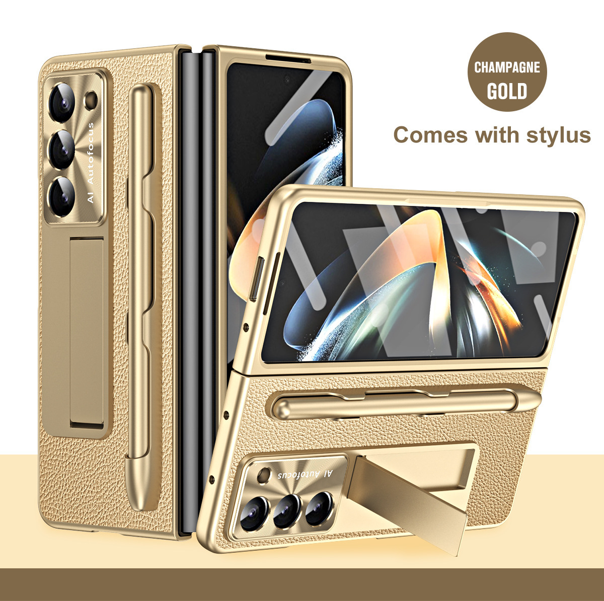 Compatible with Samsung ZFold7/6/5 phone case, vegan leather, pen slot, pen case, screen protector, stand, foldable screen, drop-proof protective case - Pen slot with pen - Gold [Case and screen protector] Samsung SM-Z Fold7 [Vegan Leather]